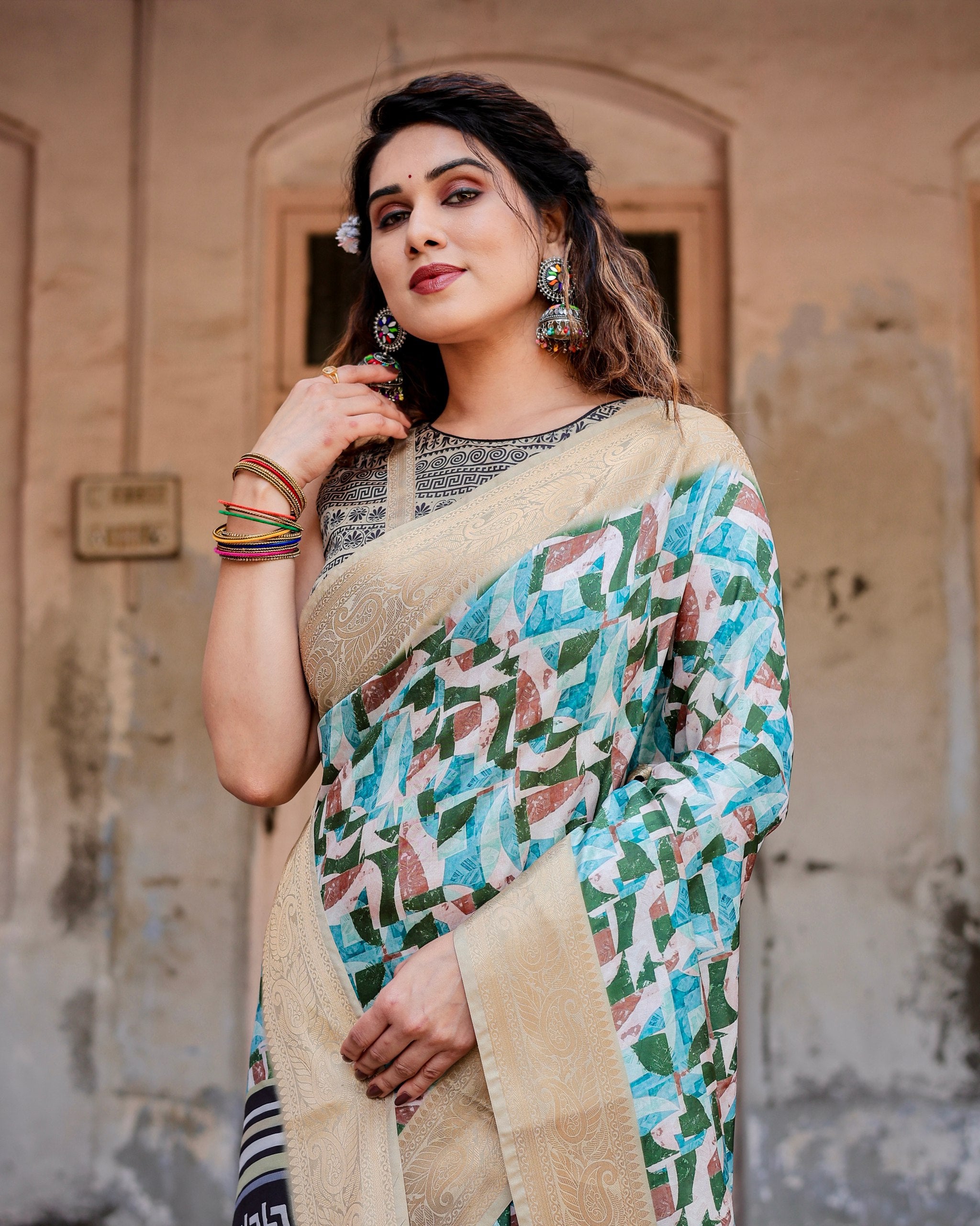 Pure Silk Digital Printed Saree with Brocade Blouse Colorful Saree