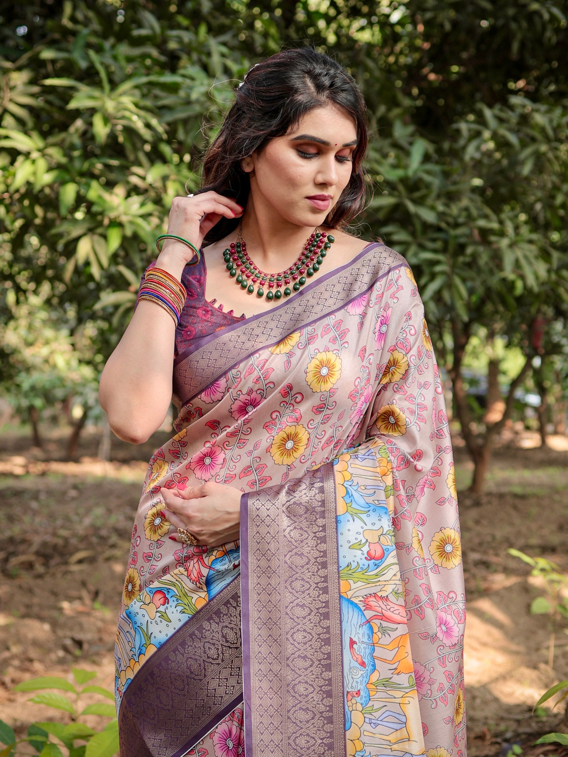 Pure Silk Digital Printed Saree with Brocade Blouse Colorful Saree