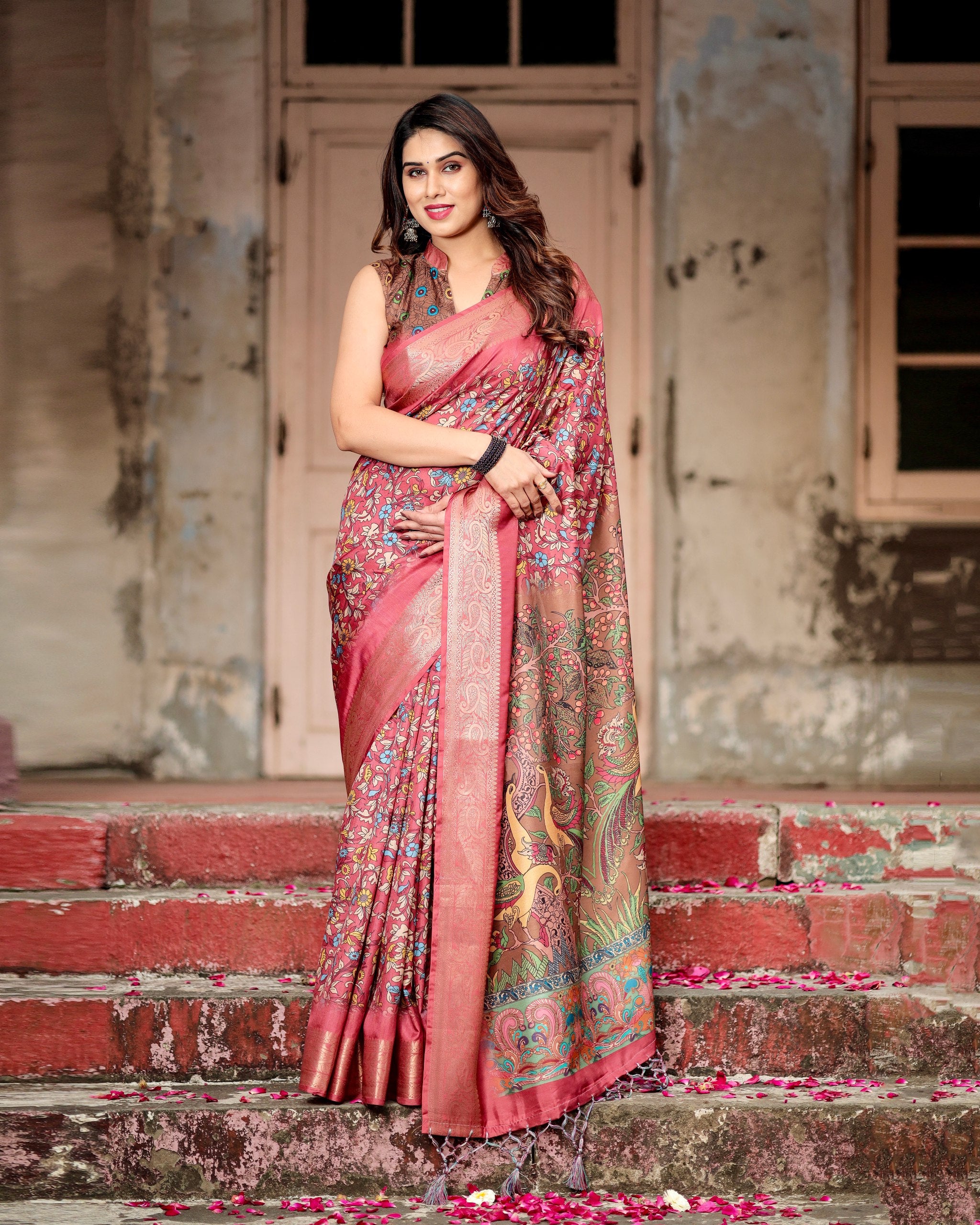 Pure Silk Digital Printed Saree with Brocade Blouse Colorful Saree