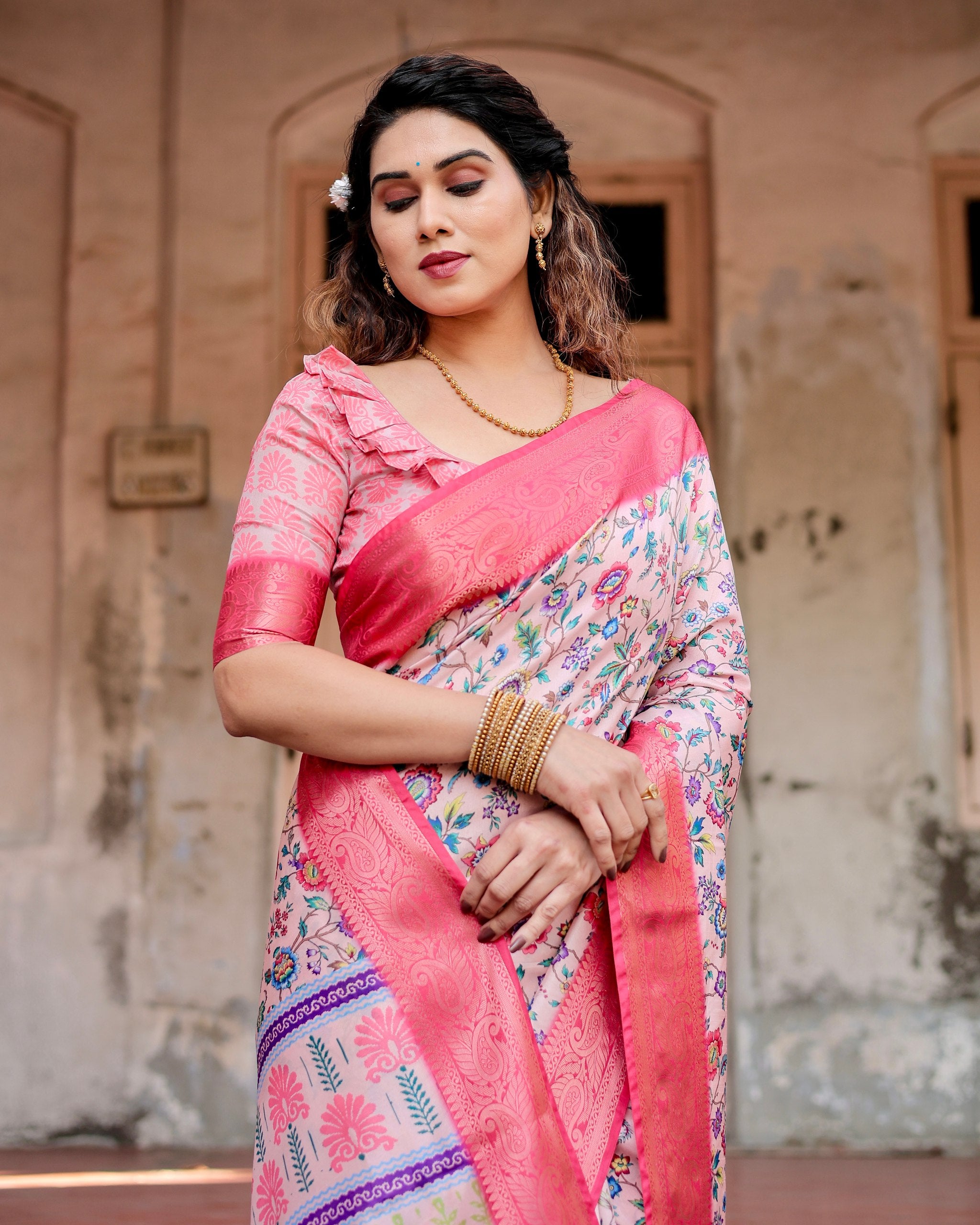 Pure Silk Digital Printed Saree with Brocade Blouse Colorful Saree