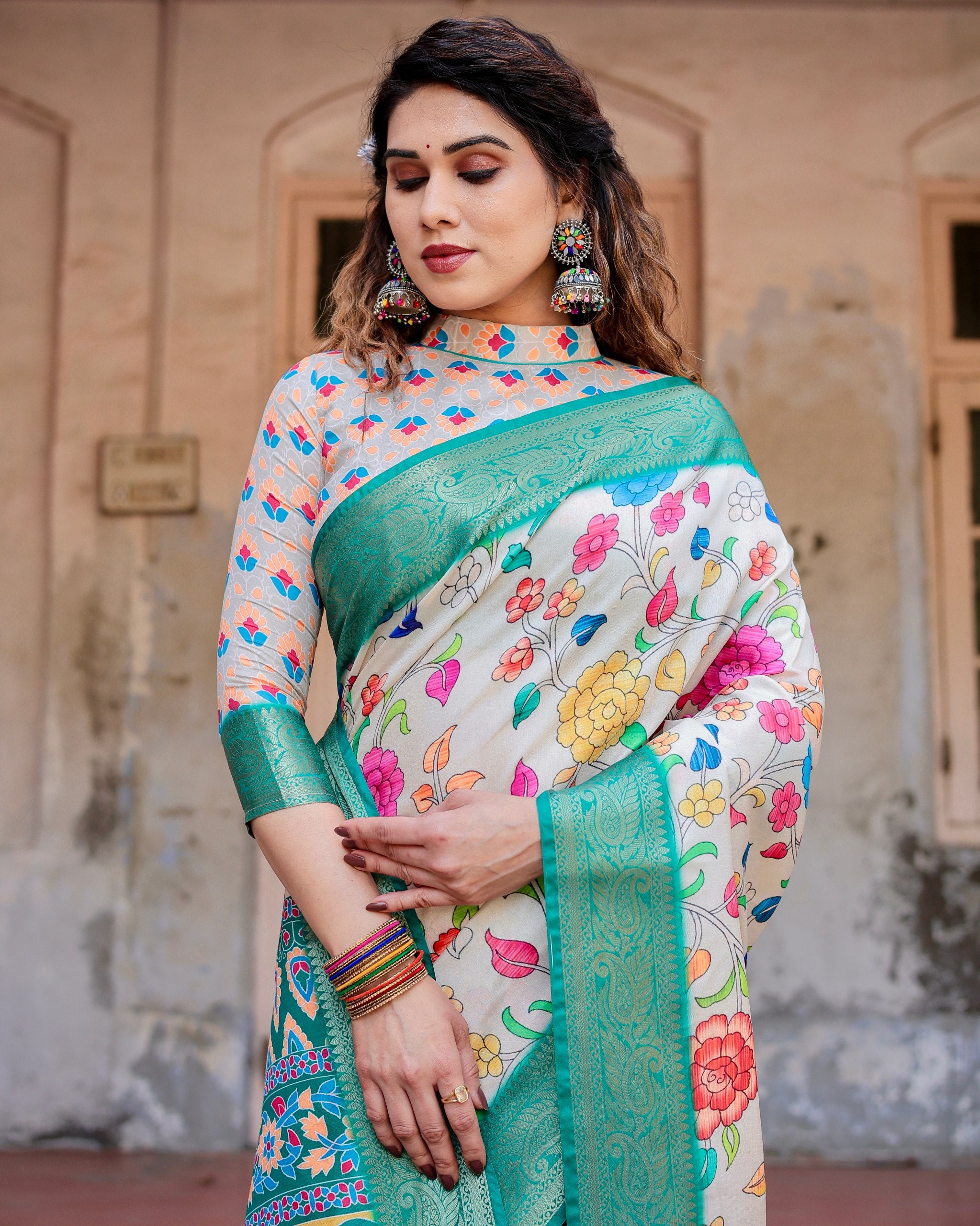 Pure Silk Digital Printed Saree with Brocade Blouse Colorful Saree