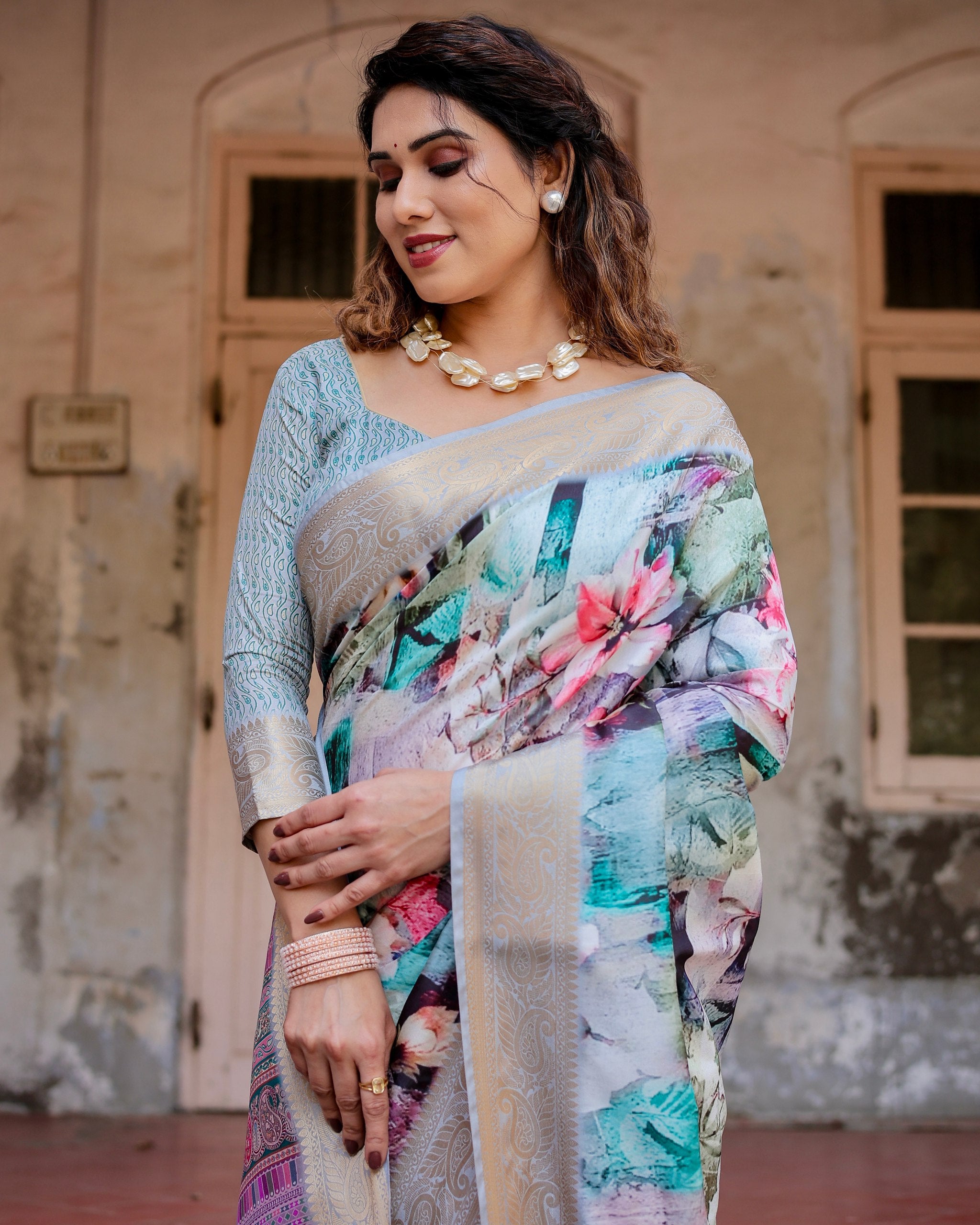 Pure Silk Digital Printed Saree with Brocade Blouse Colorful Saree