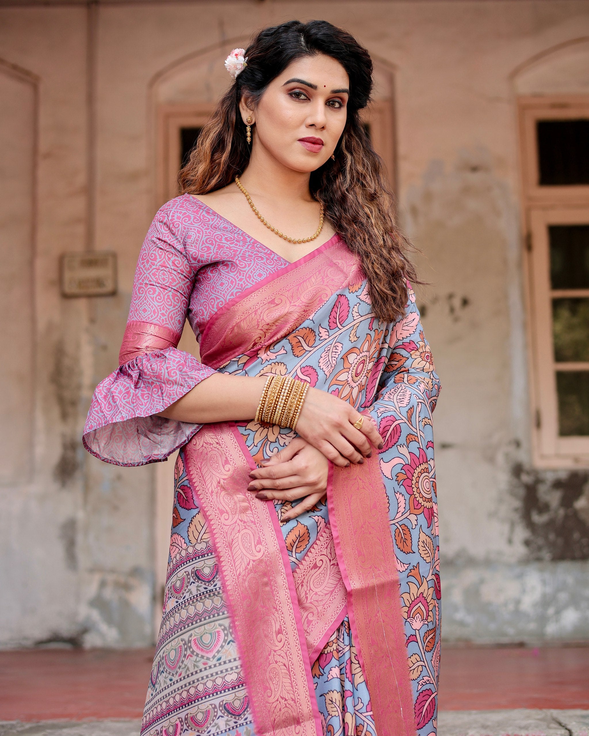 Pure Silk Digital Printed Saree with Brocade Blouse Colorful Saree