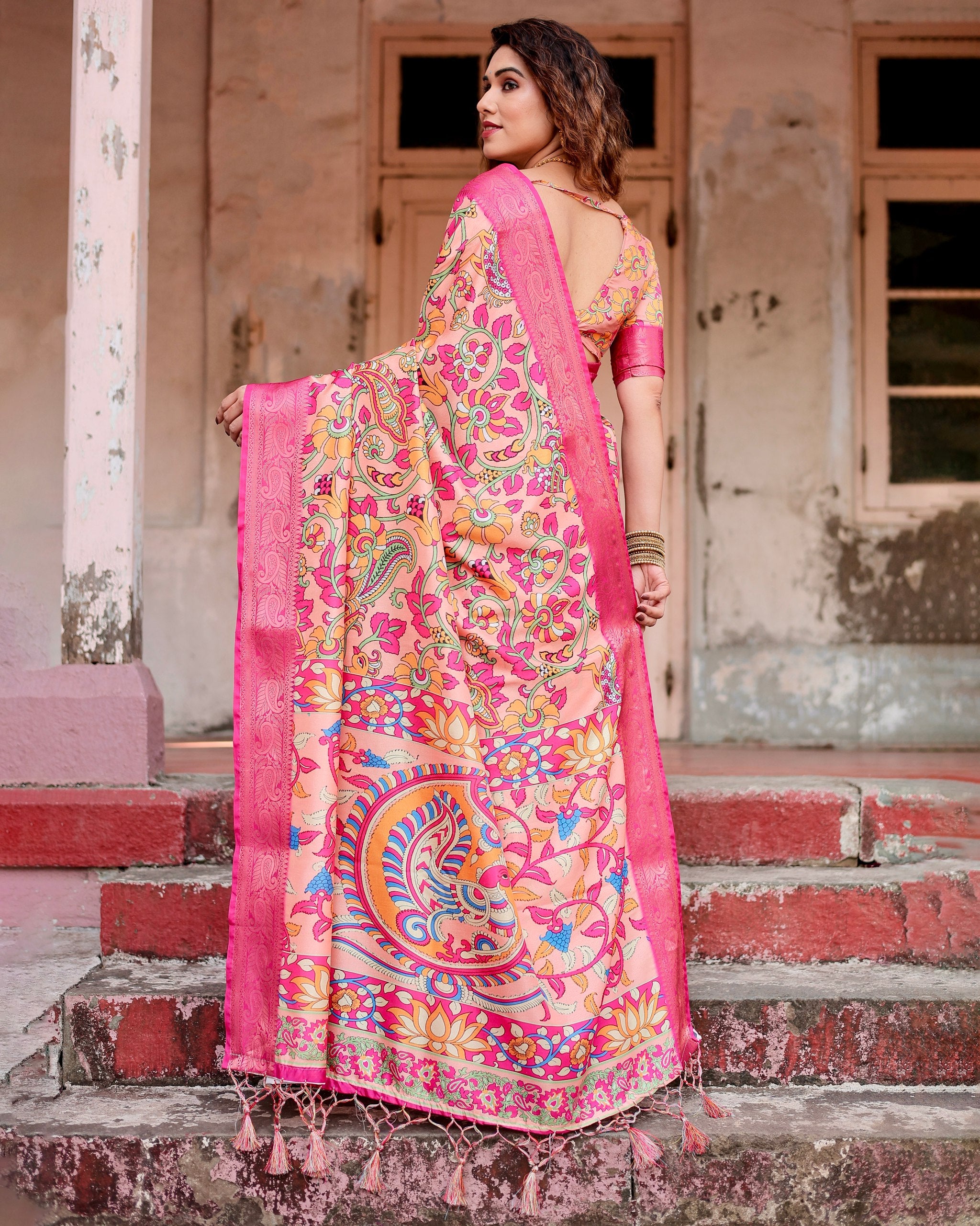 Pure Silk Digital Printed Saree with Brocade Blouse Colorful Saree