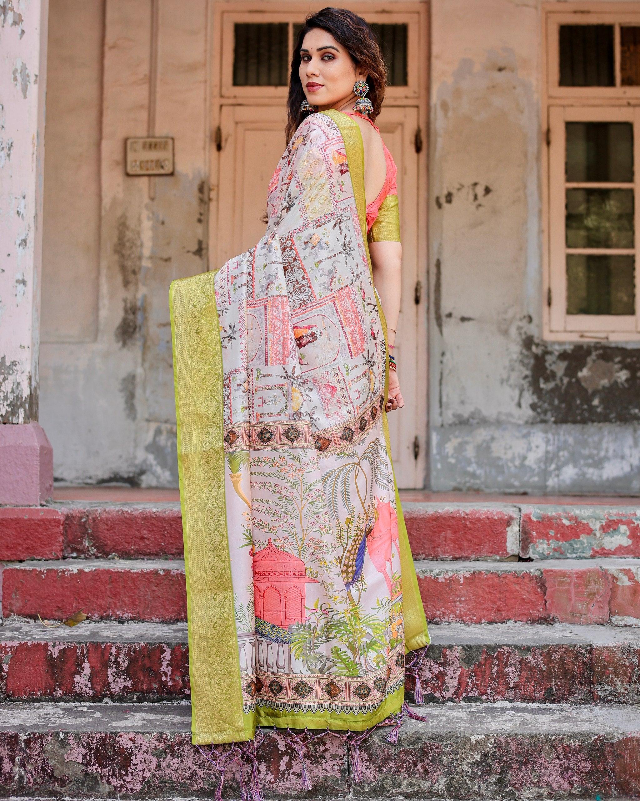 Pure Silk Digital Printed Saree with Brocade Blouse Colorful Saree