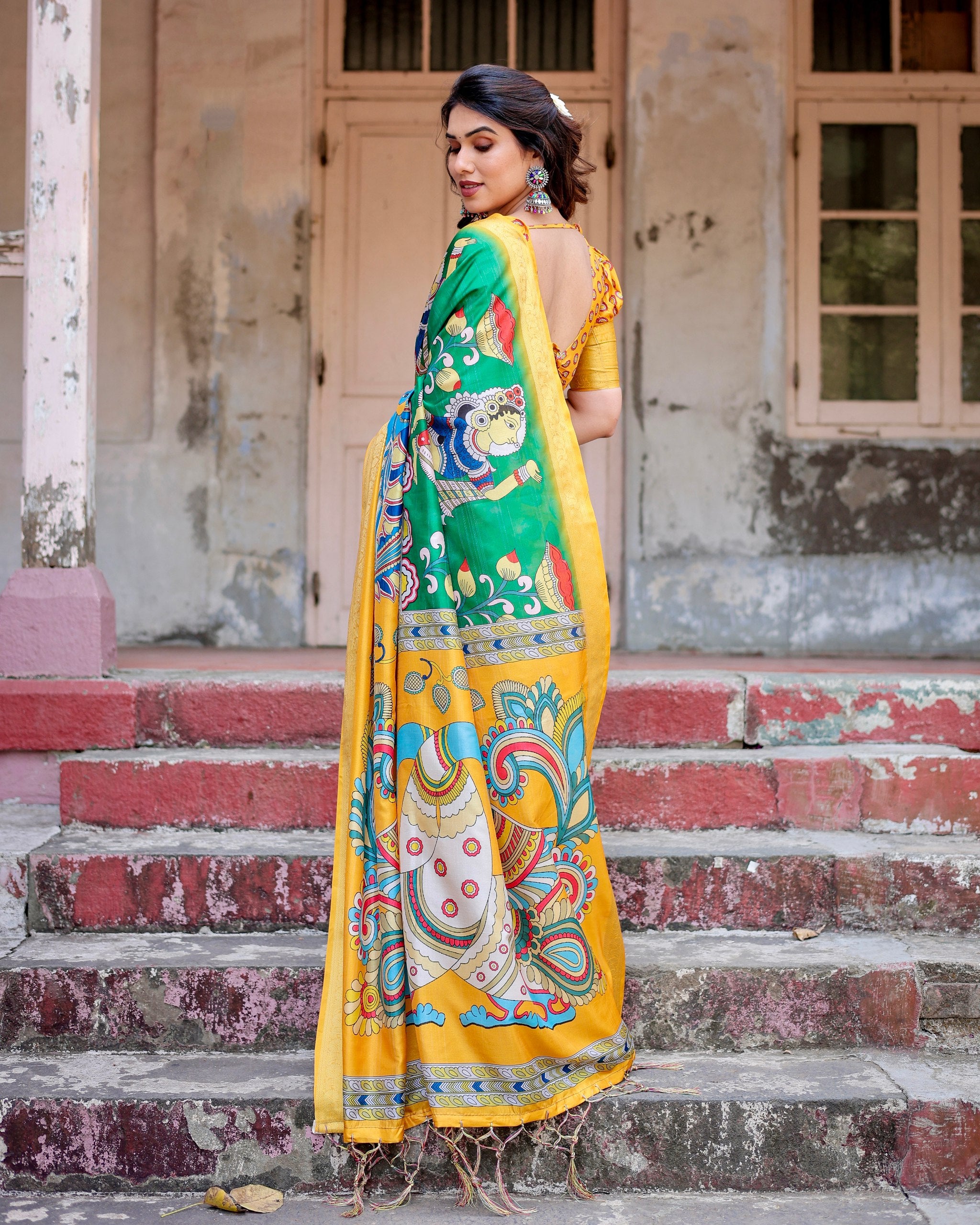 Pure Silk Digital Printed Saree with Brocade Blouse Colorful Saree