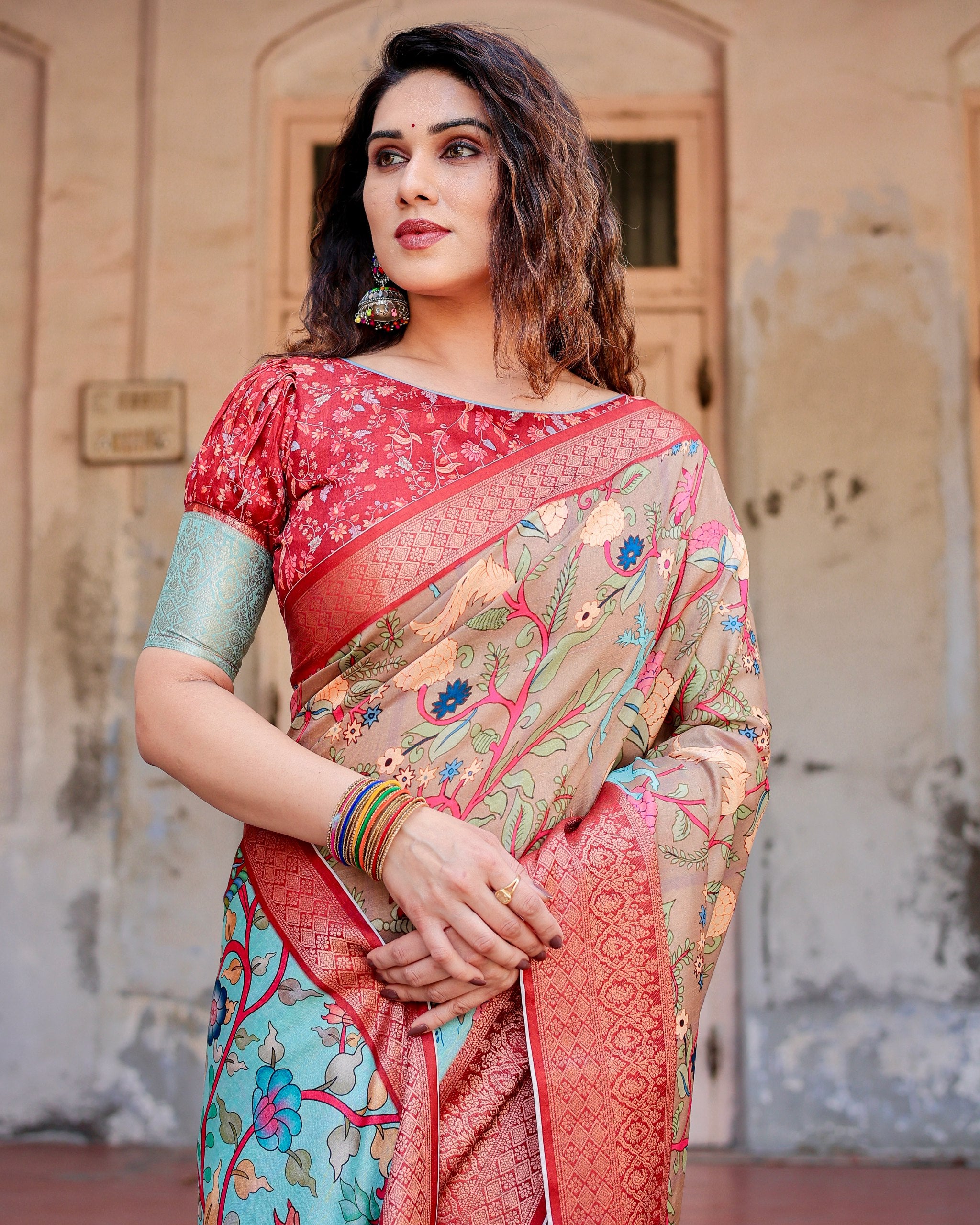 Pure Silk Digital Printed Saree with Brocade Blouse Colorful Saree