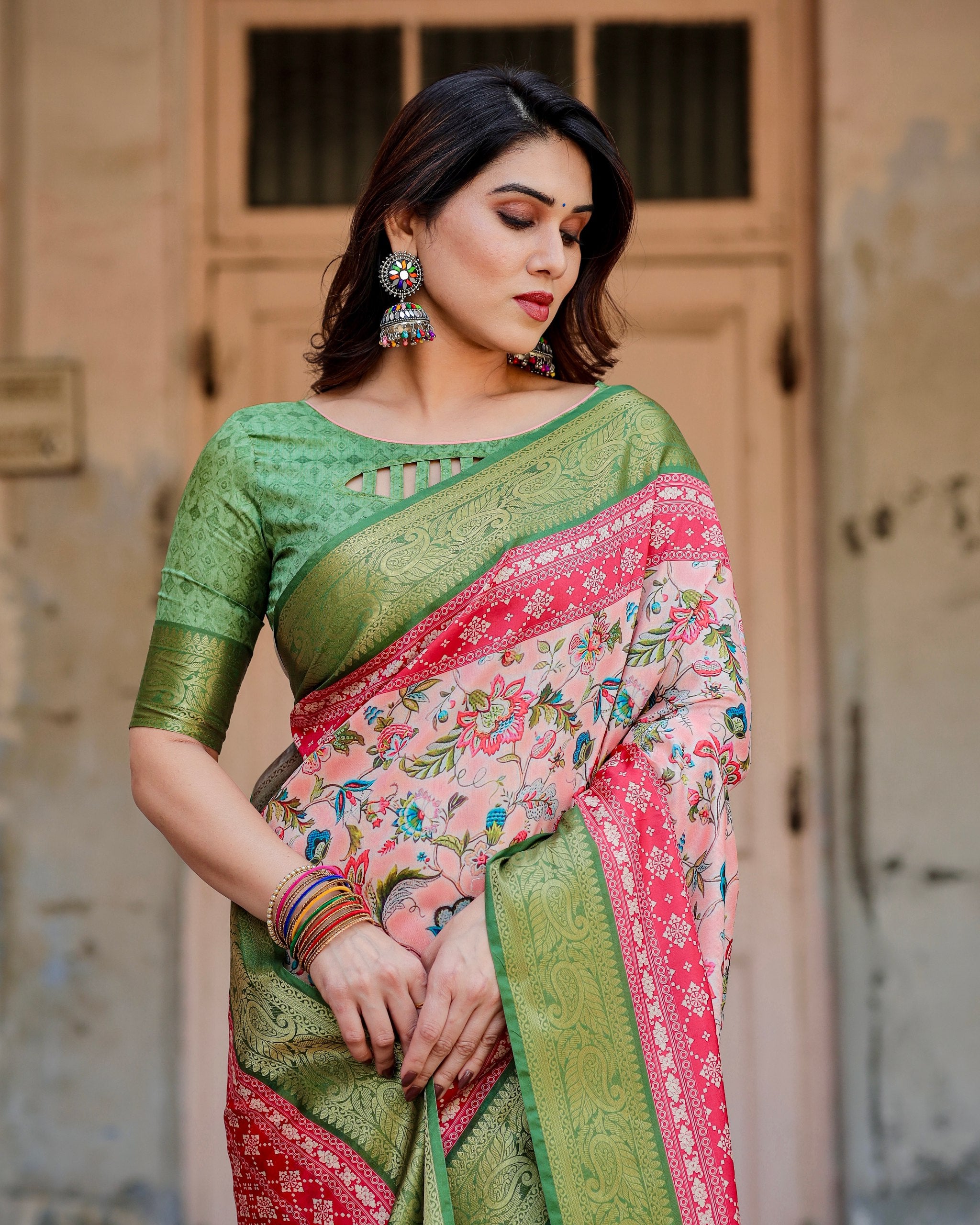 Pure Silk Digital Printed Saree with Brocade Blouse Colorful Saree