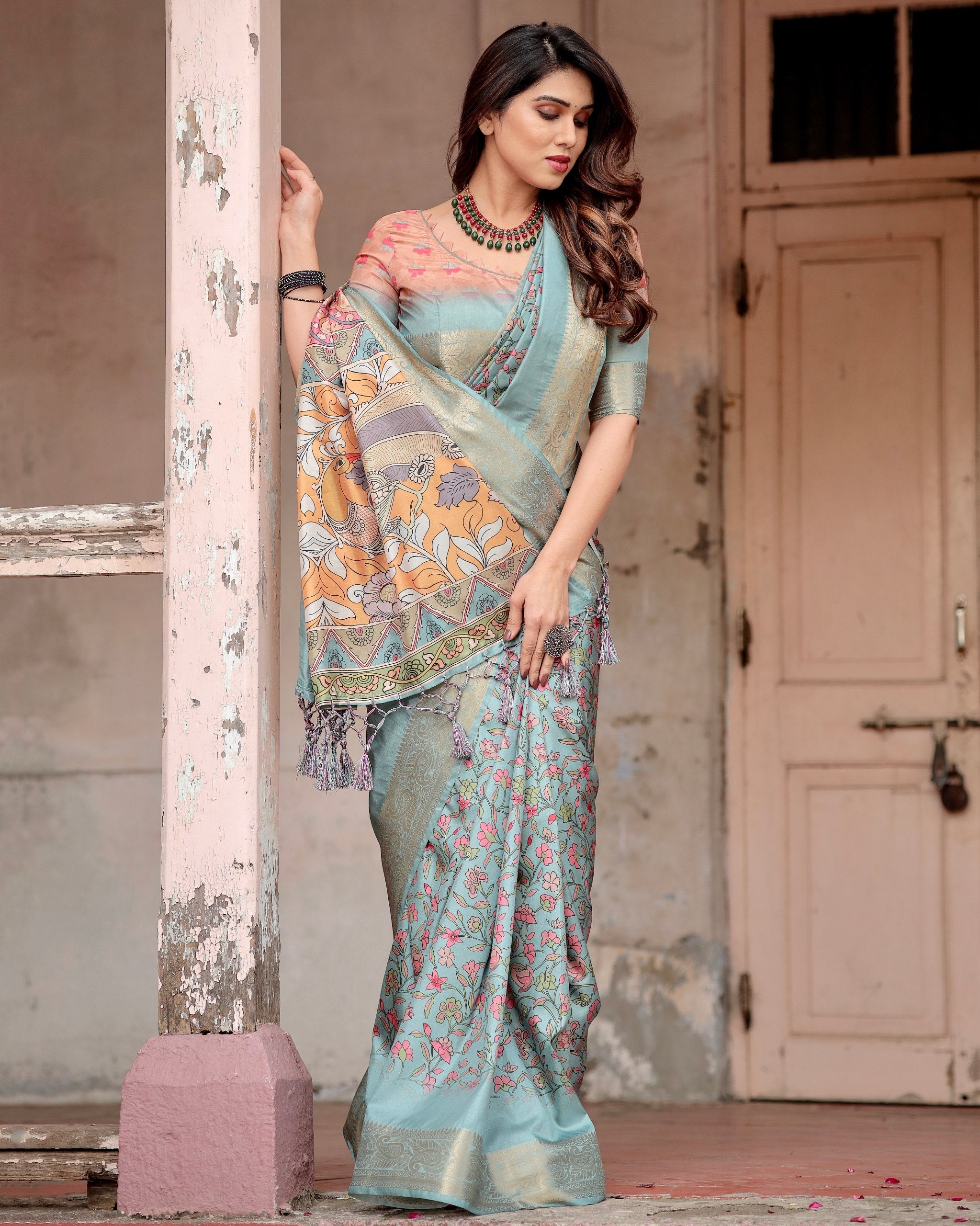 Pure Silk Digital Printed Saree with Brocade Blouse Colorful Saree