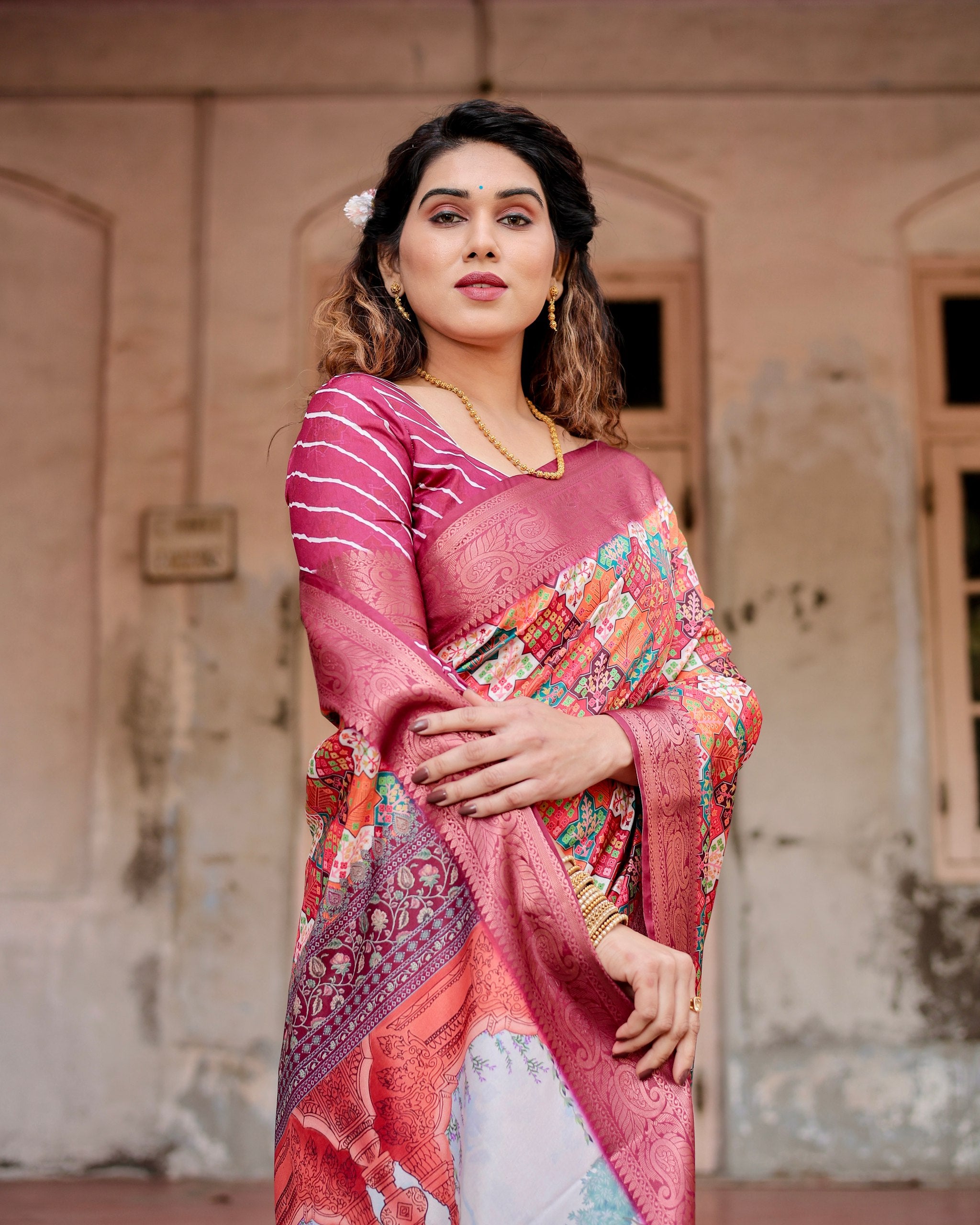 Pure Silk Digital Printed Saree with Brocade Blouse Colorful Saree