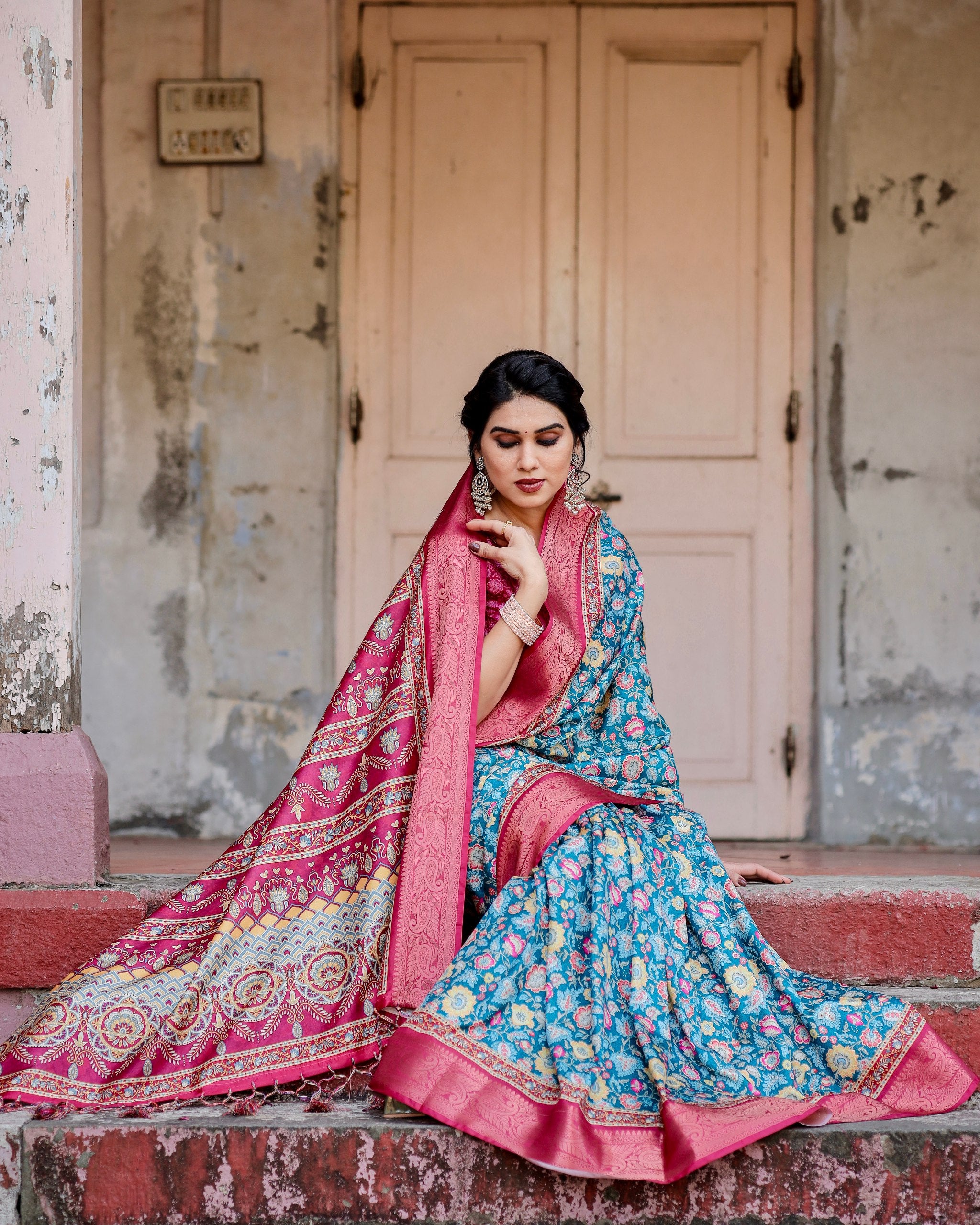 Pure Silk Digital Printed Saree with Brocade Blouse Colorful Saree