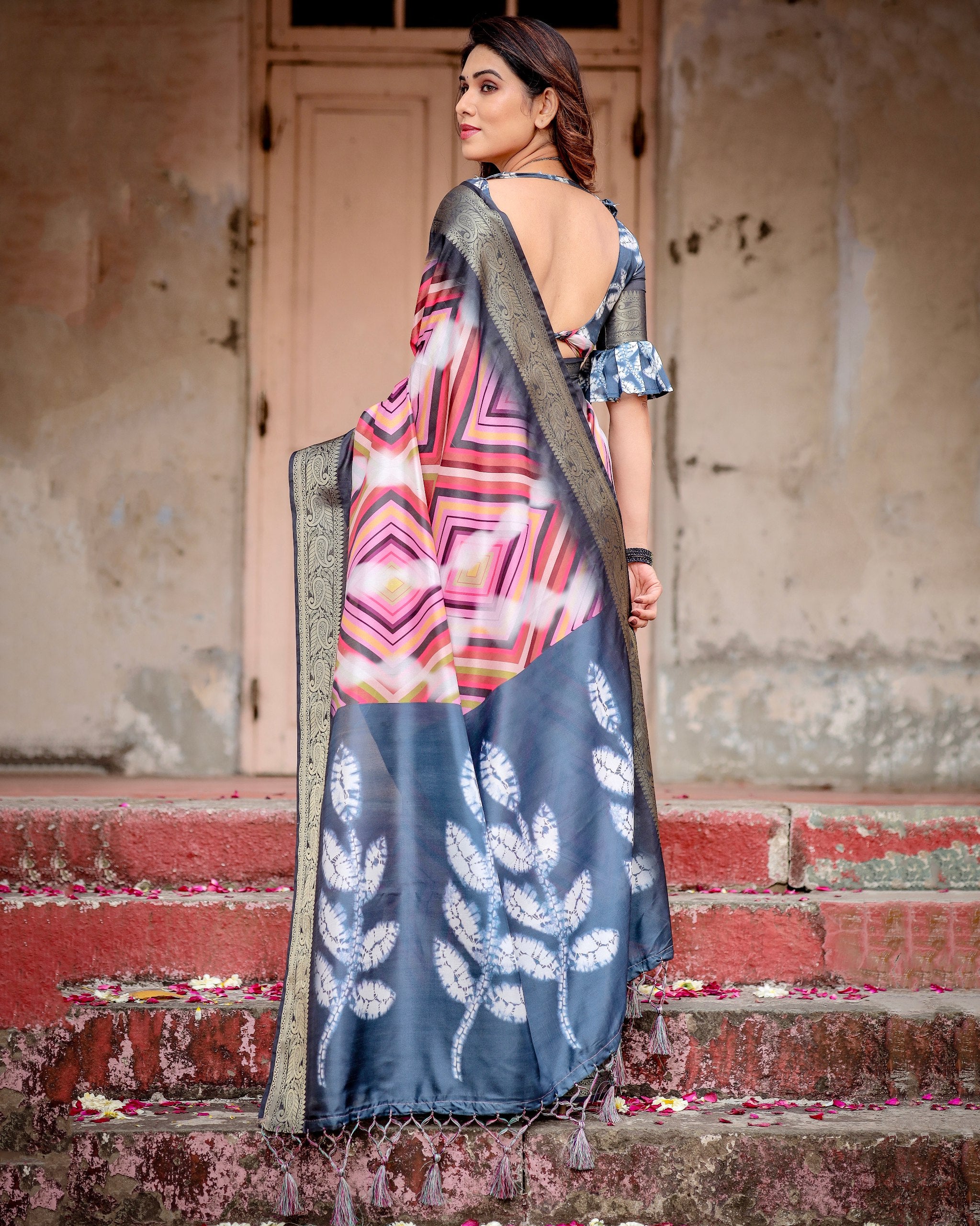 Pure Silk Digital Printed Saree with Brocade Blouse Colorful Saree