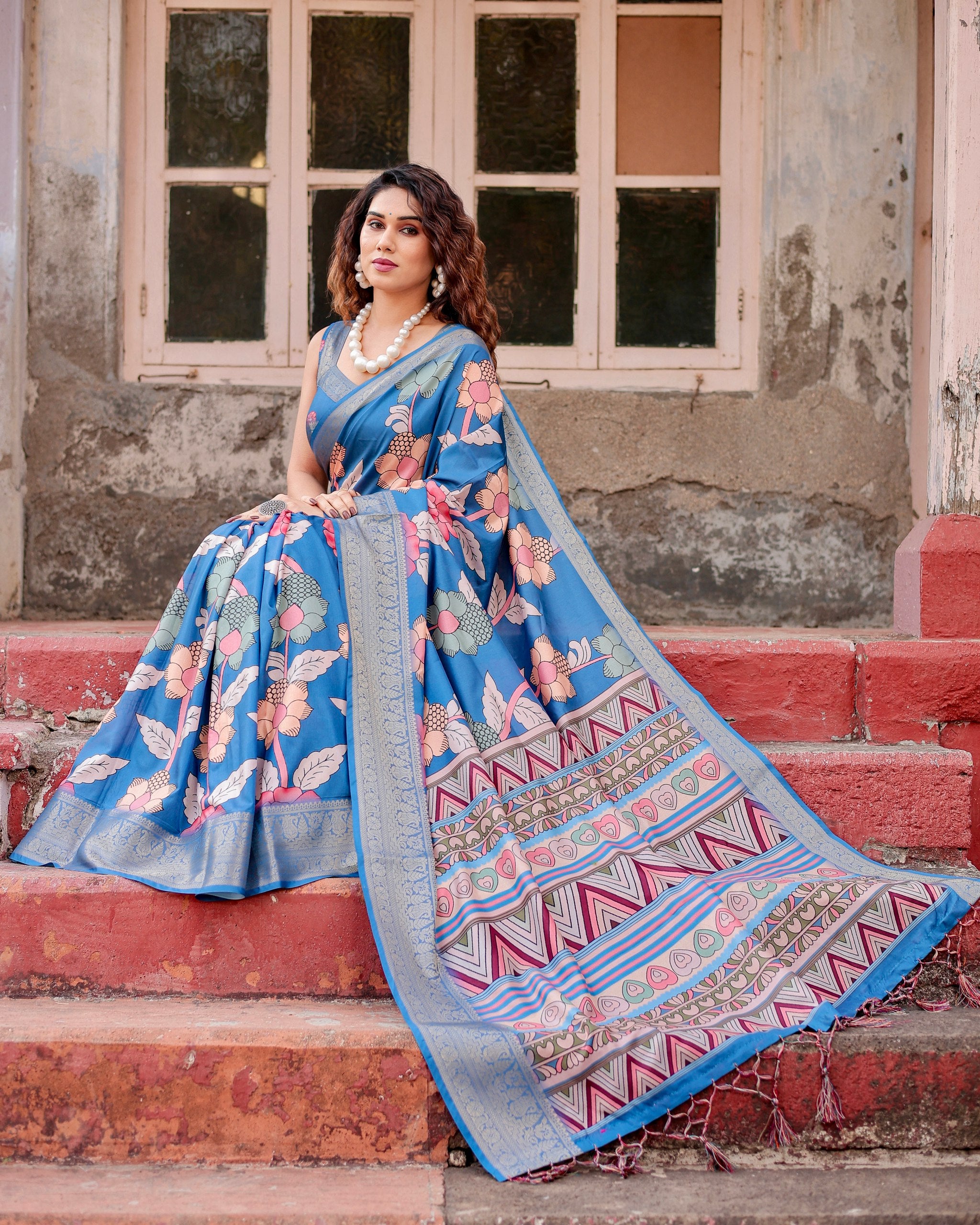 Pure Silk Digital Printed Saree with Brocade Blouse Colorful Saree