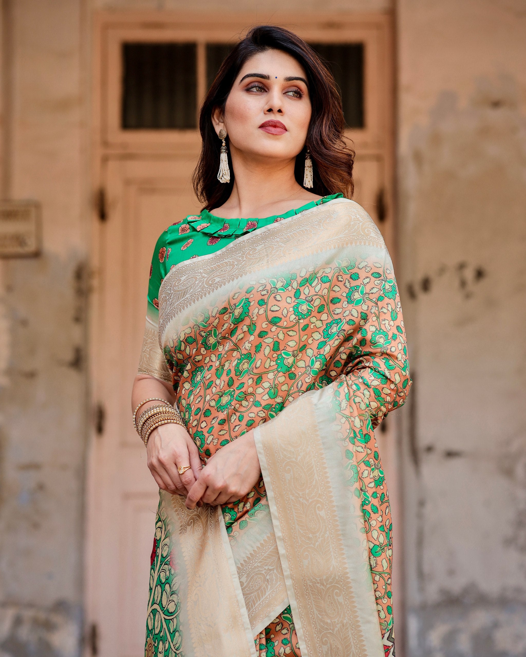 Pure Silk Digital Printed Saree with Brocade Blouse Colorful Saree