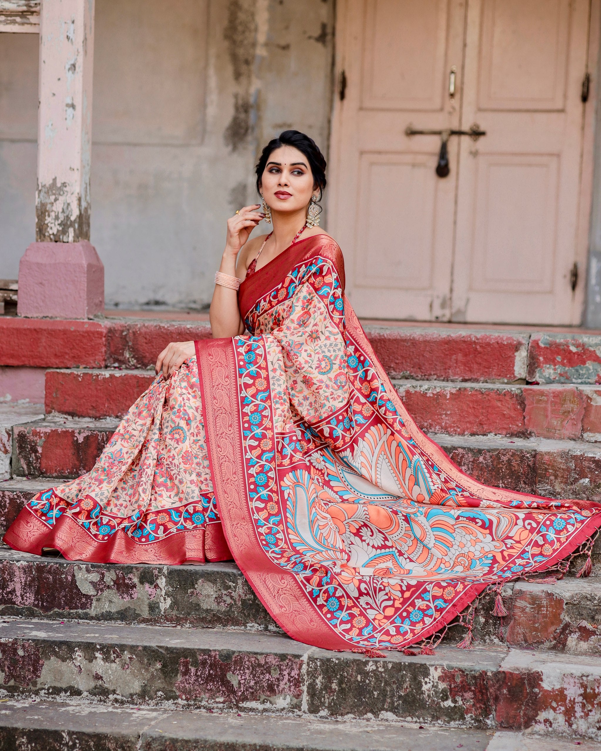 Pure Silk Digital Printed Saree with Brocade Blouse Colorful Saree