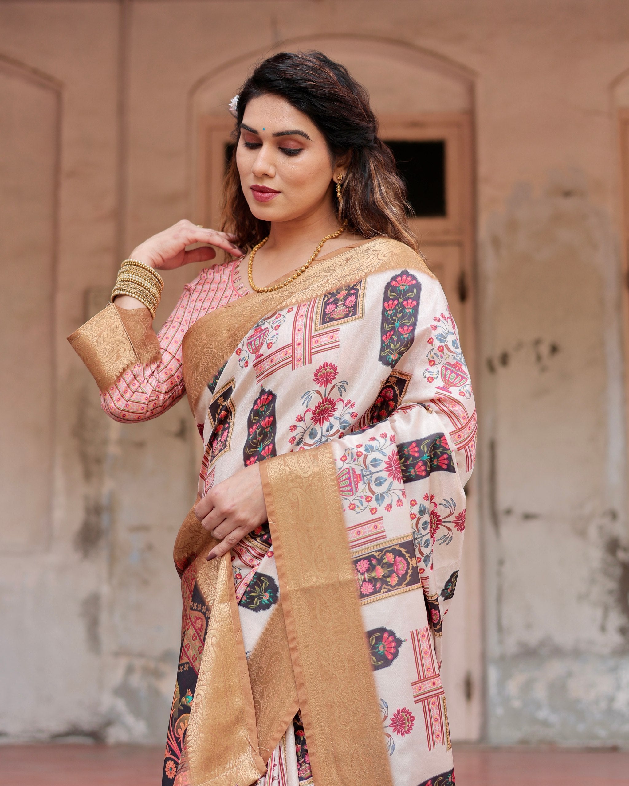 Pure Silk Digital Printed Saree with Brocade Blouse Colorful Saree