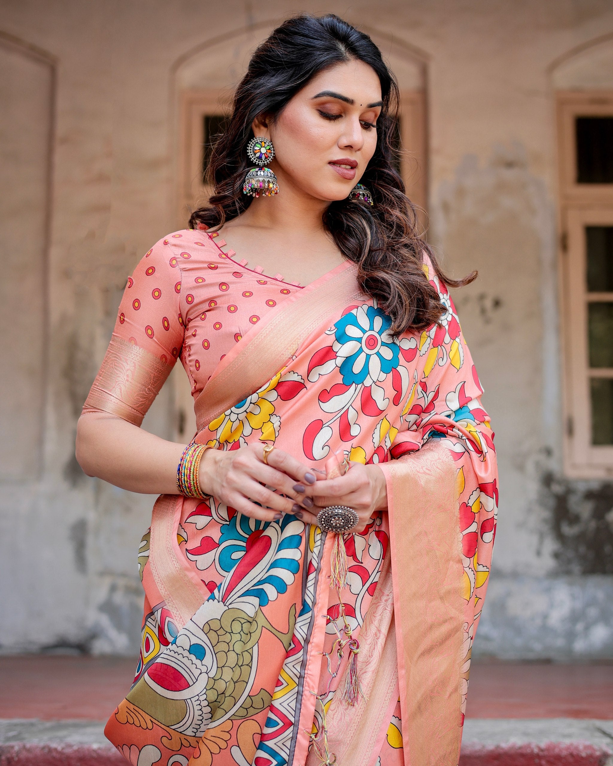 Pure Silk Digital Printed Saree with Brocade Blouse Colorful Saree