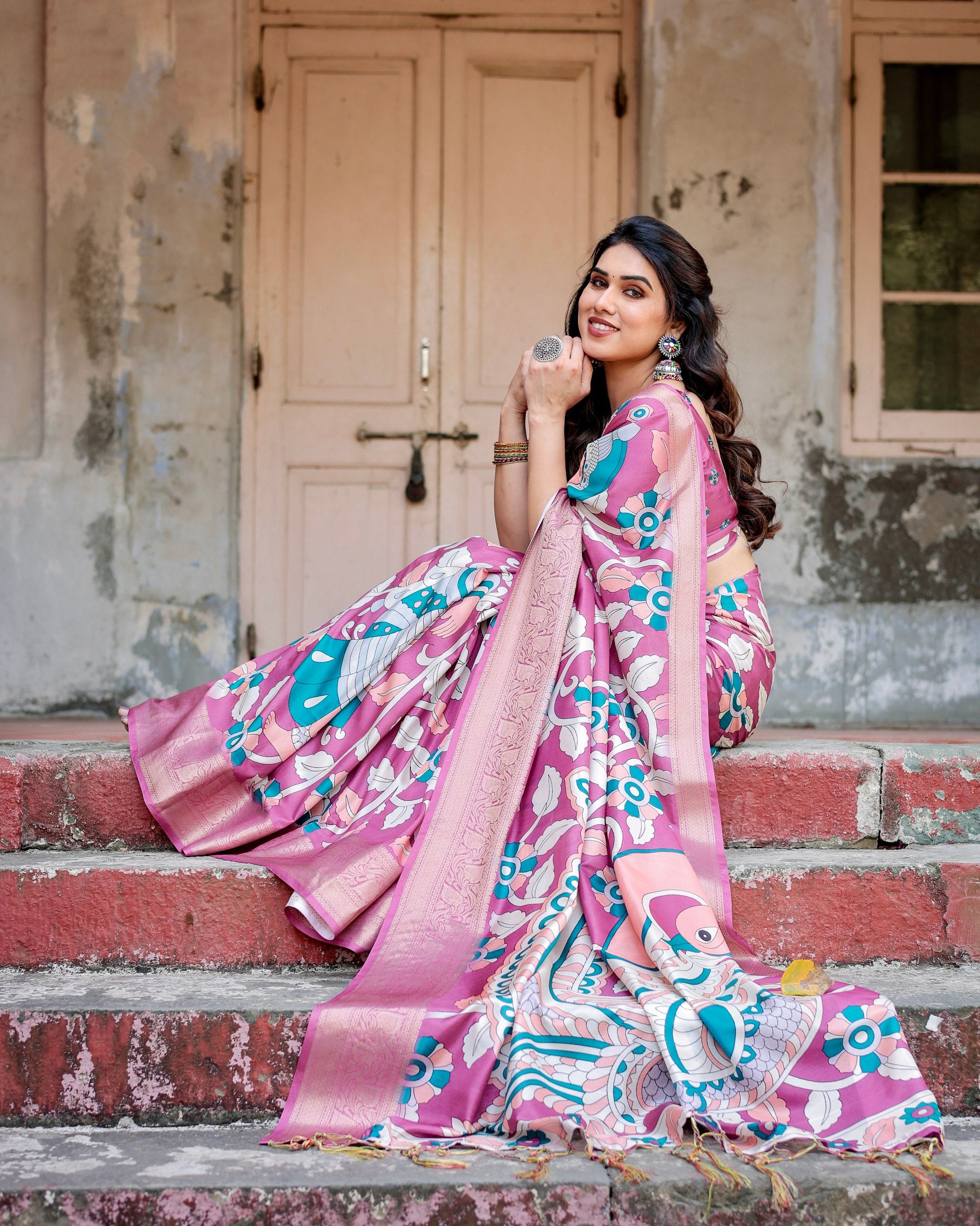 Pure Silk Digital Printed Saree with Brocade Blouse and Enchanting Tassels Colorful Saree