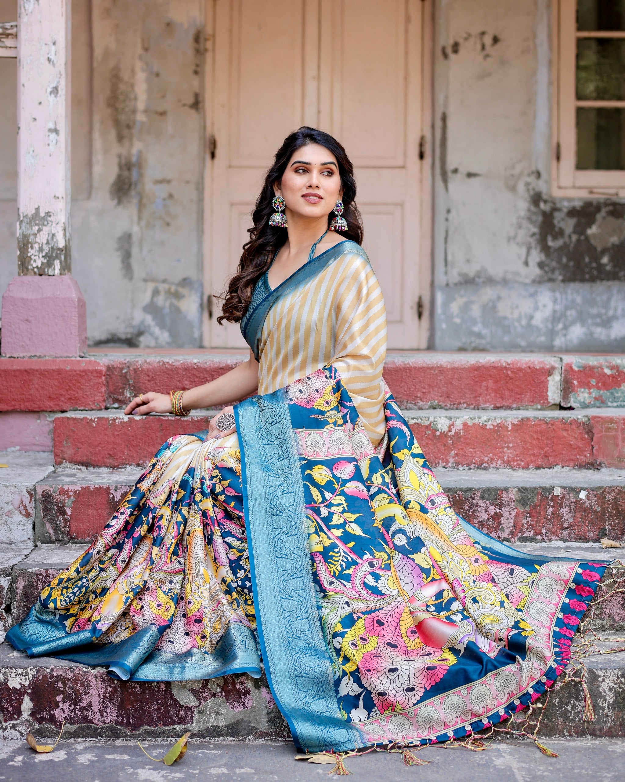 Pure Silk Digital Printed Saree with Brocade Blouse Colorful Saree