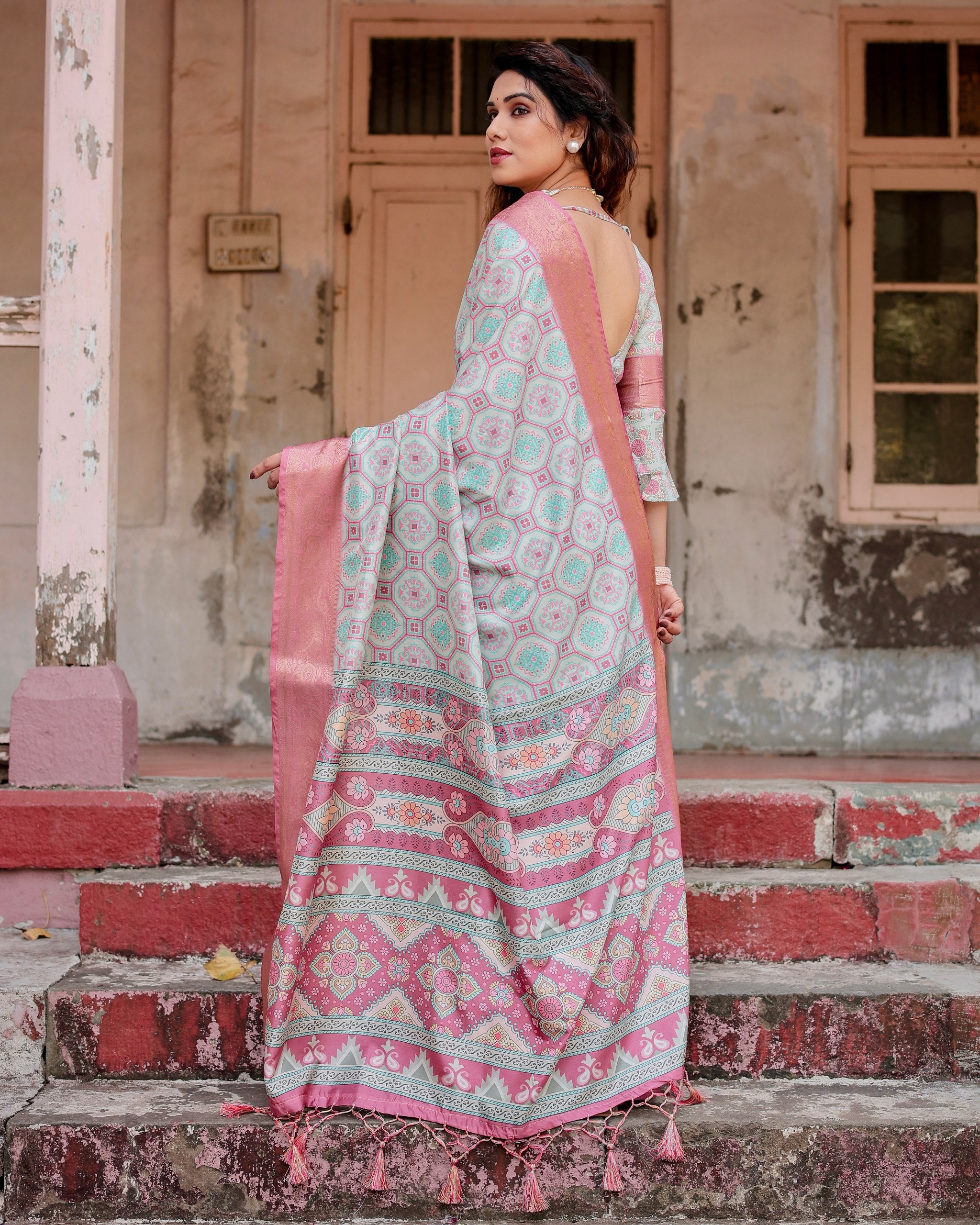 Pure Silk Digital Printed Saree with Brocade Blouse Colorful Saree