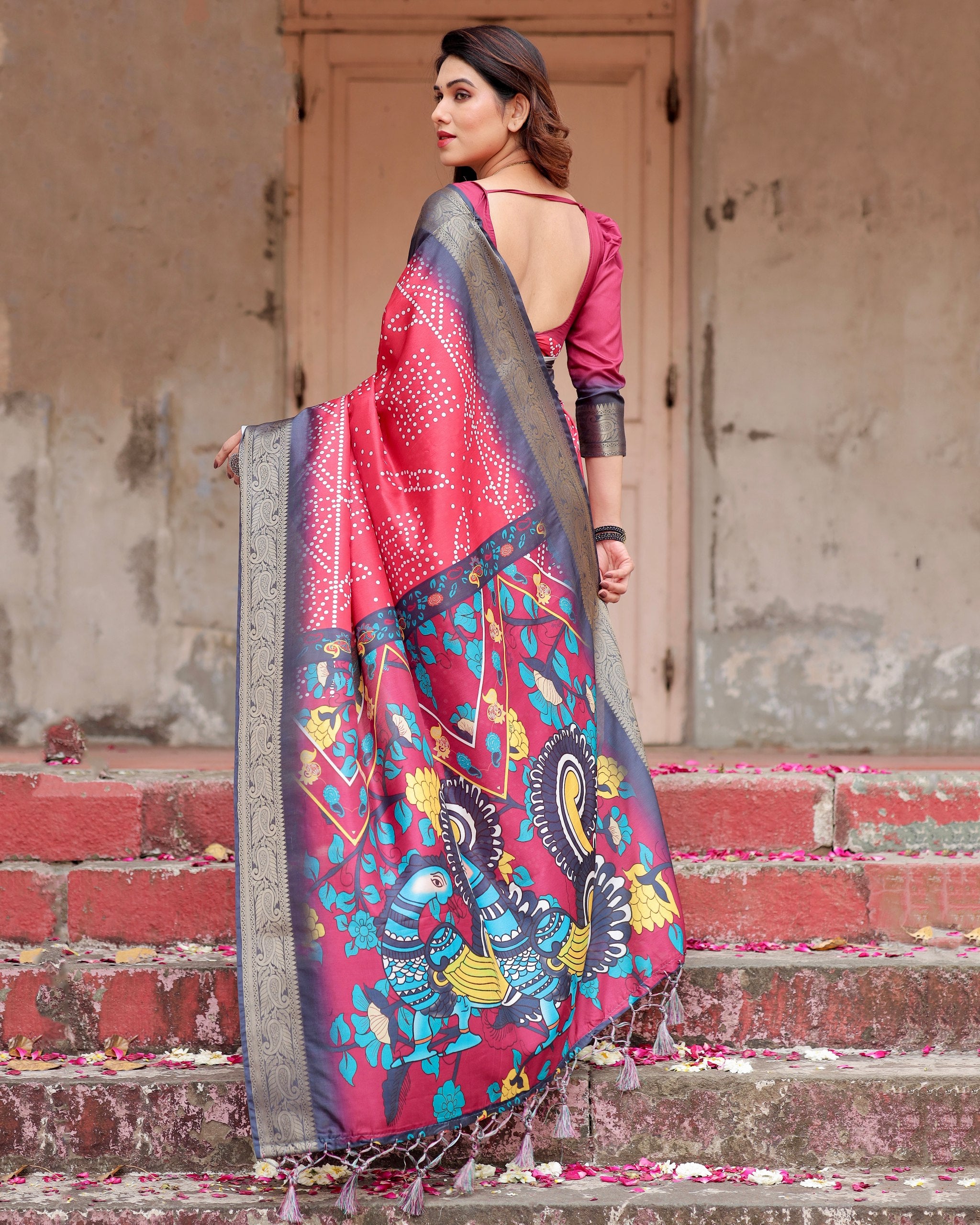 Pure Silk Digital Printed Saree with Brocade Blouse Colorful Saree