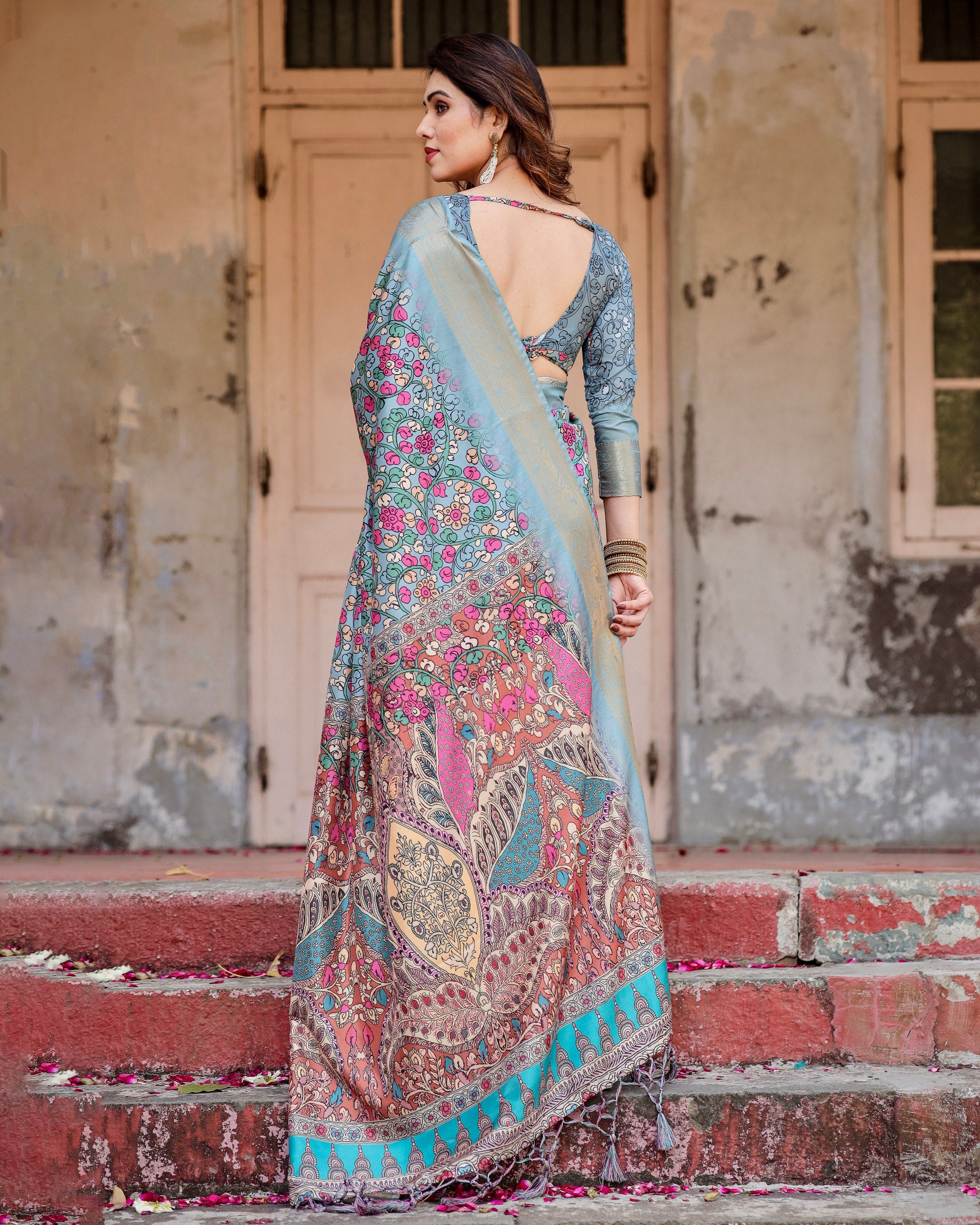 Pure Silk Digital Printed Saree with Brocade Blouse Colorful Saree