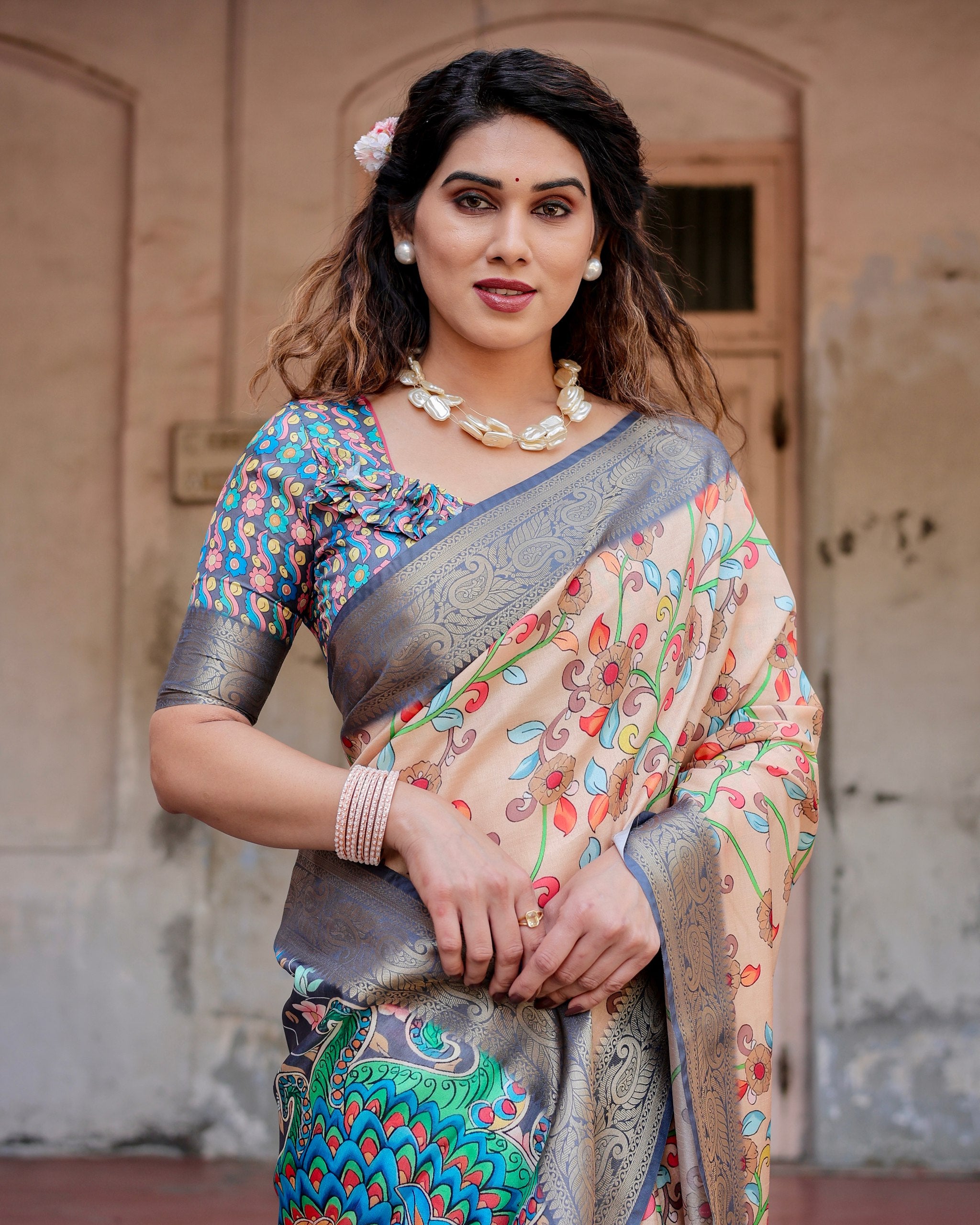 Pure Silk Digital Printed Saree with Brocade Blouse Colorful Saree