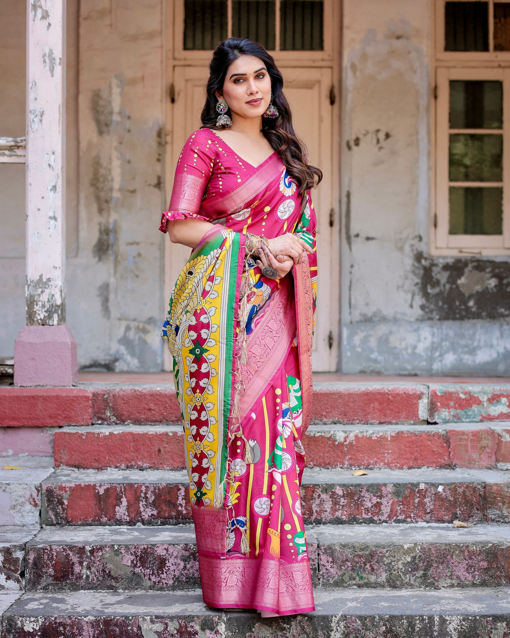 Pure Silk Digital Printed Saree with Brocade Blouse Colorful Saree