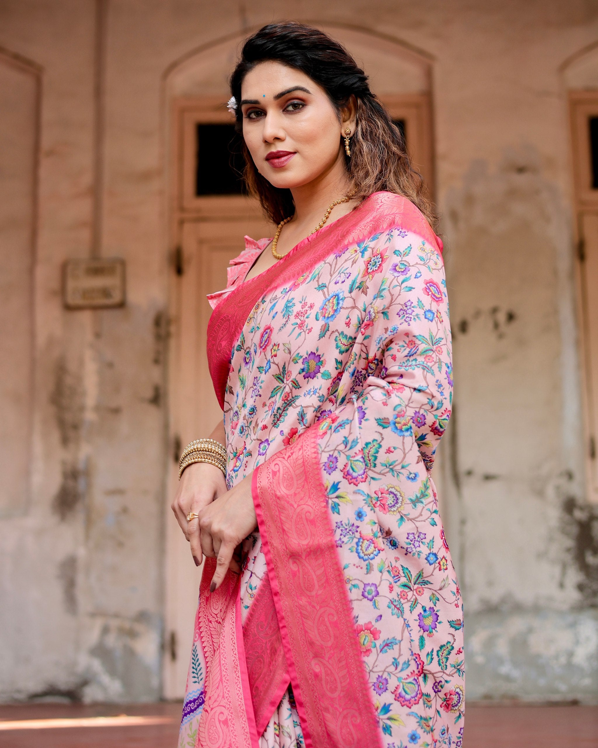 Pure Silk Digital Printed Saree with Brocade Blouse Colorful Saree