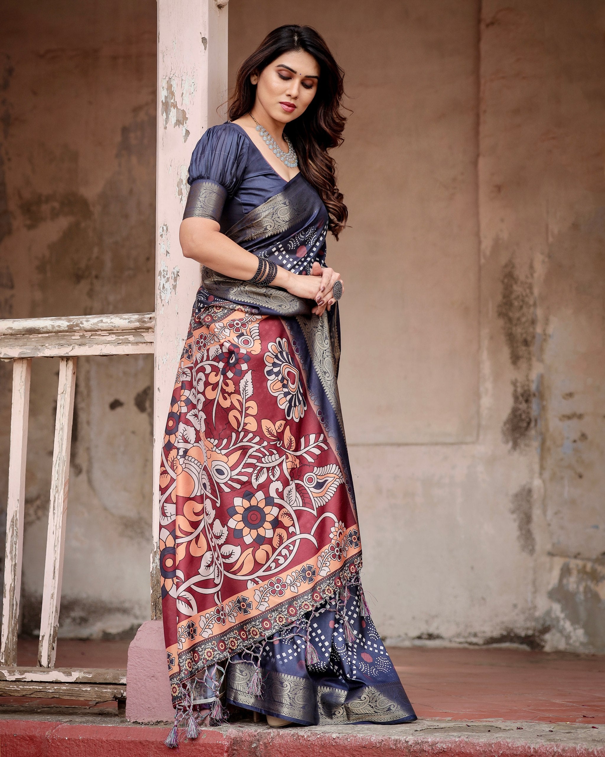 Pure Silk Digital Printed Saree with Brocade Blouse Colorful Saree