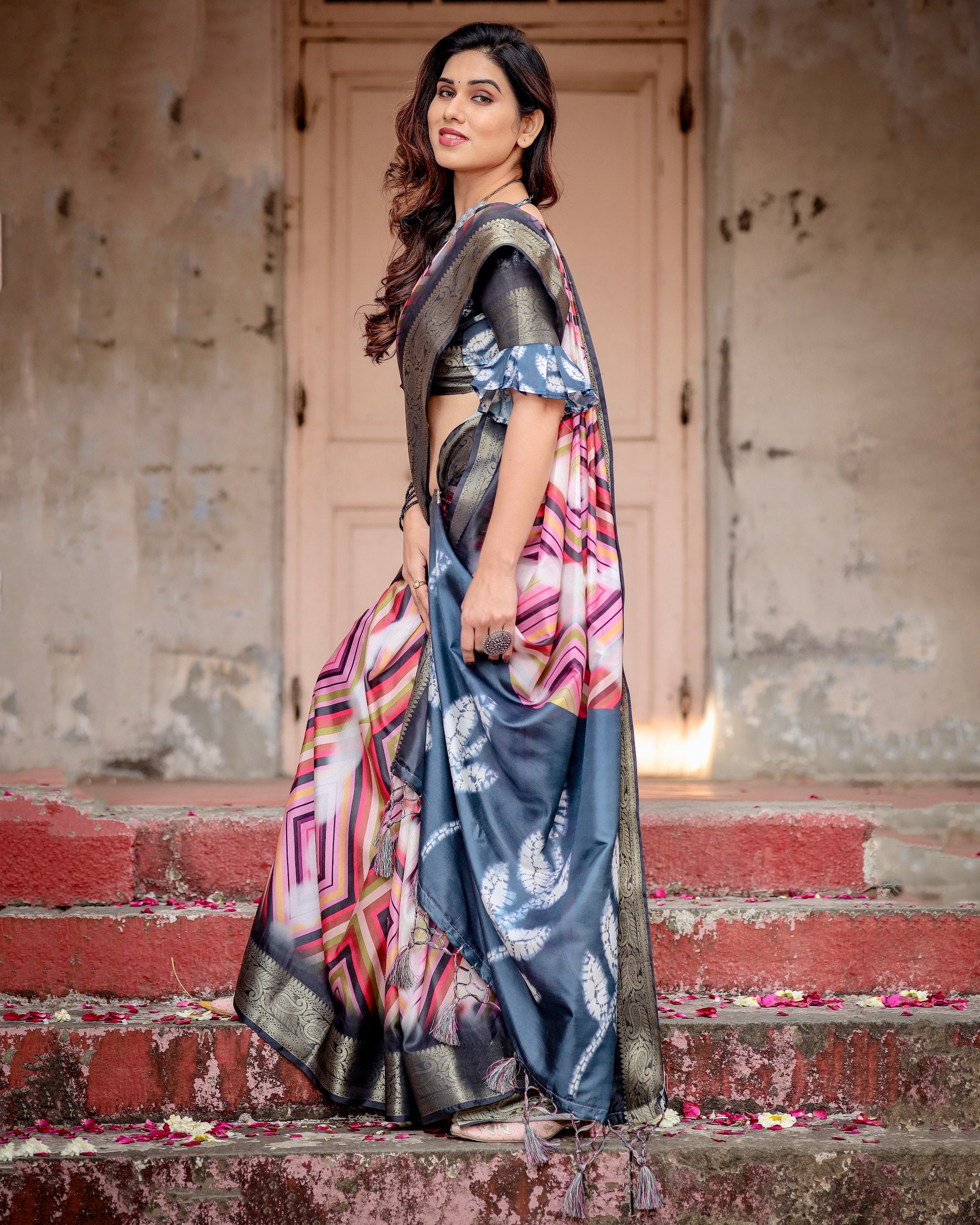 Pure Silk Digital Printed Saree with Brocade Blouse Colorful Saree