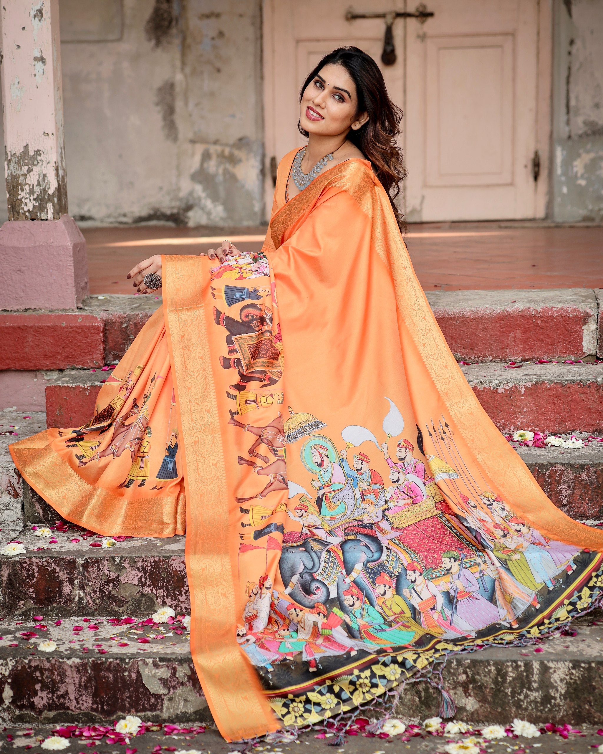 Pure Silk Digital Printed Saree with Brocade Blouse Colorful Saree