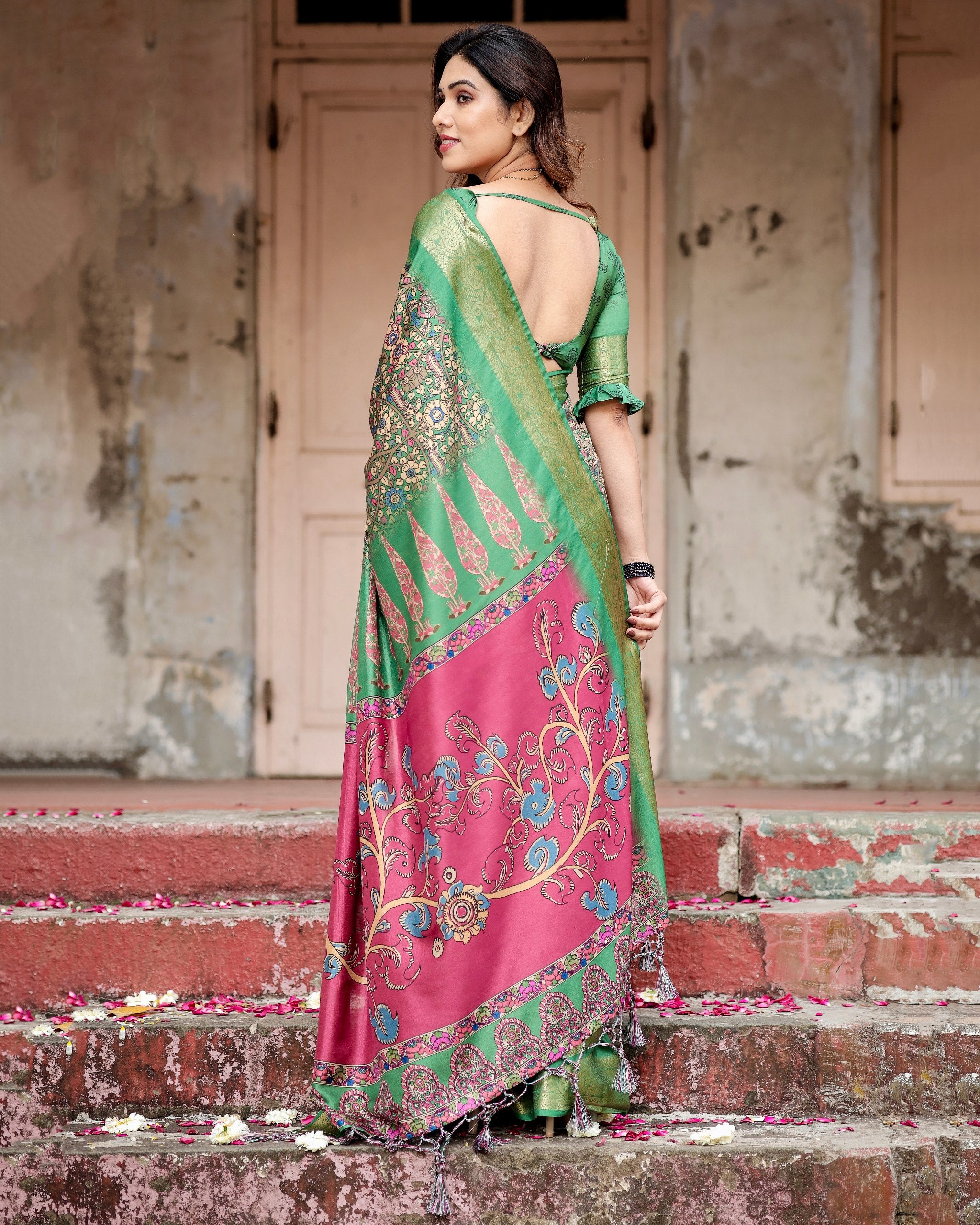 Pure Silk Digital Printed Saree with Brocade Blouse Colorful Saree