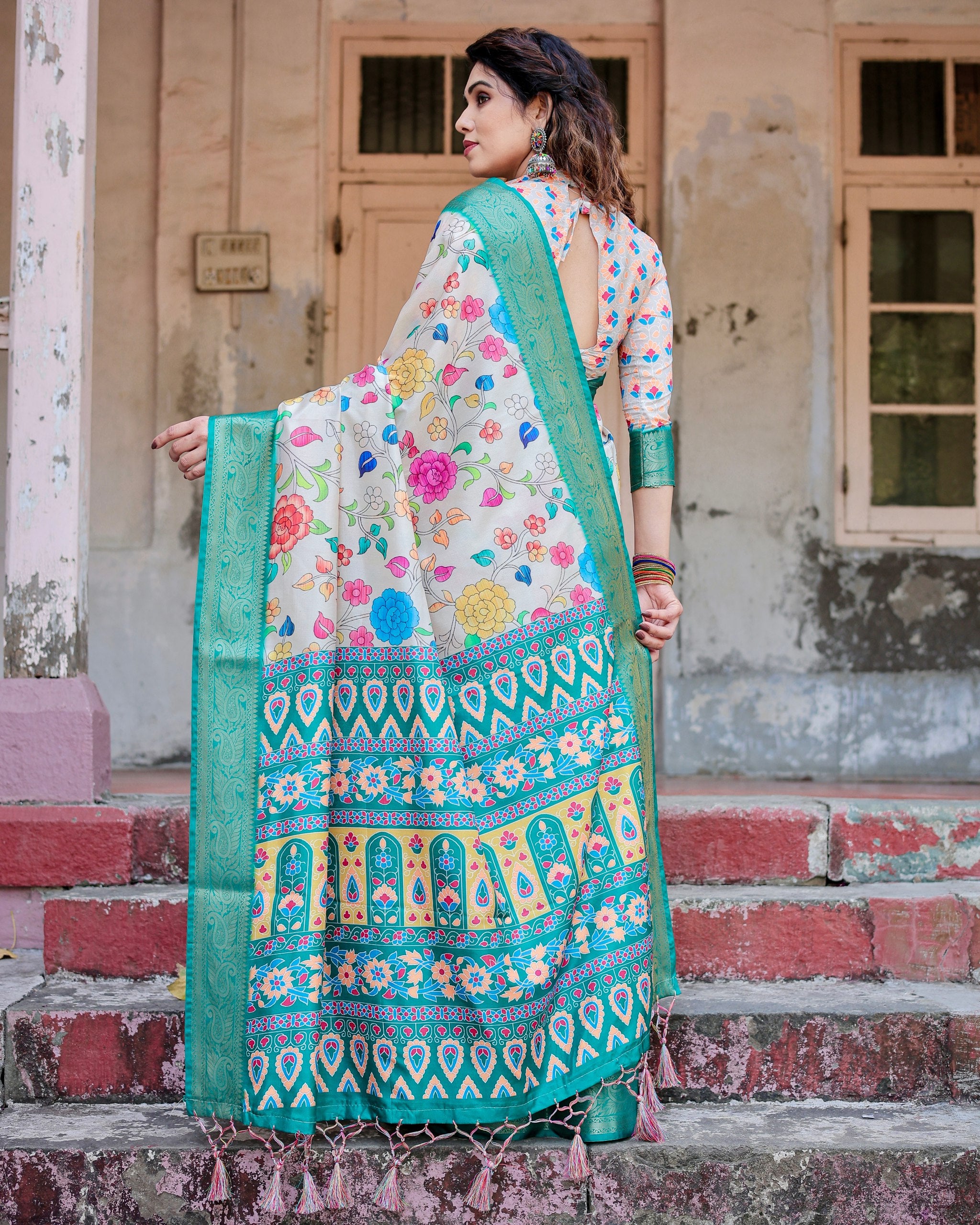 Pure Silk Digital Printed Saree with Brocade Blouse Colorful Saree