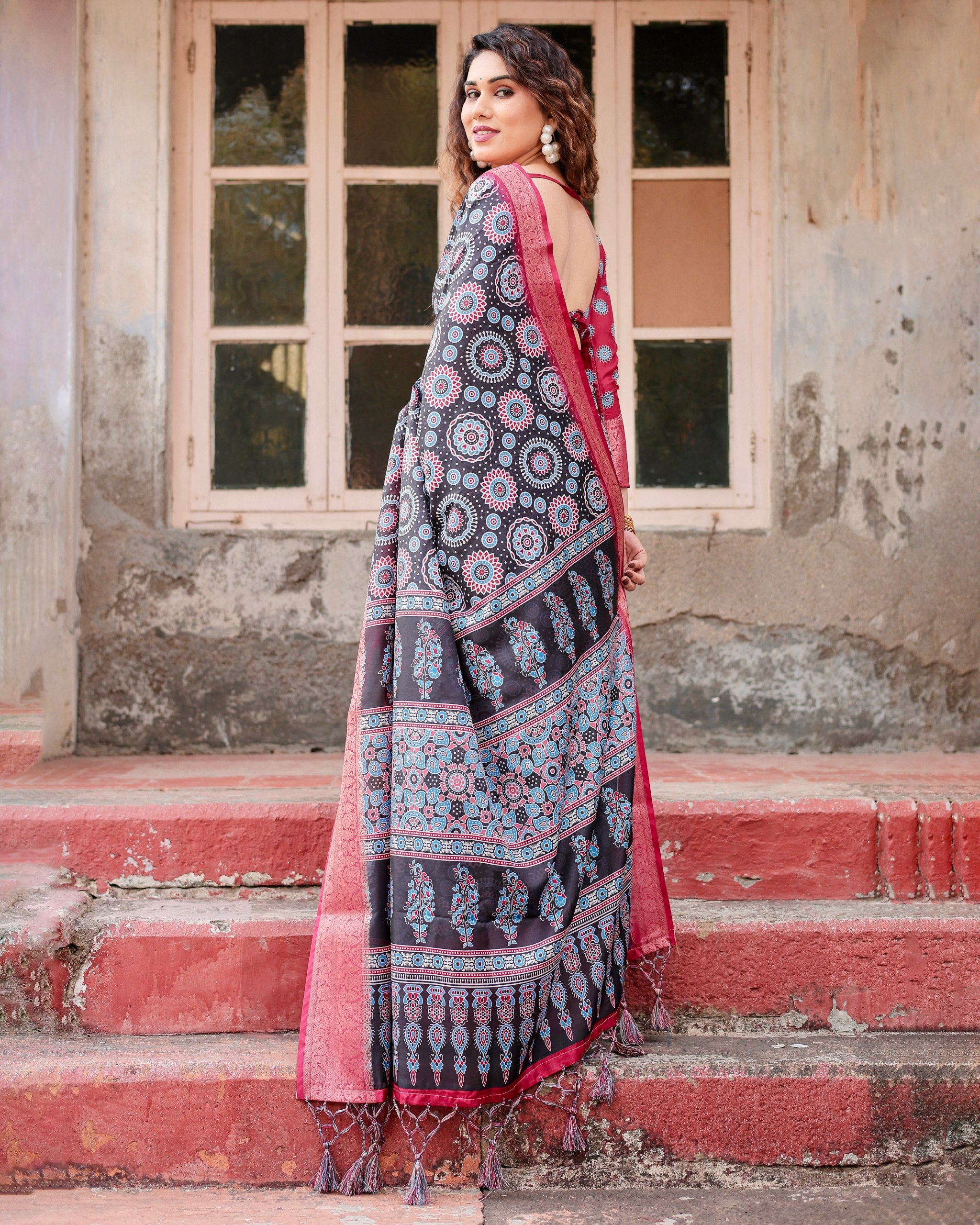 Pure Silk Digital Printed Saree with Brocade Blouse Colorful Saree