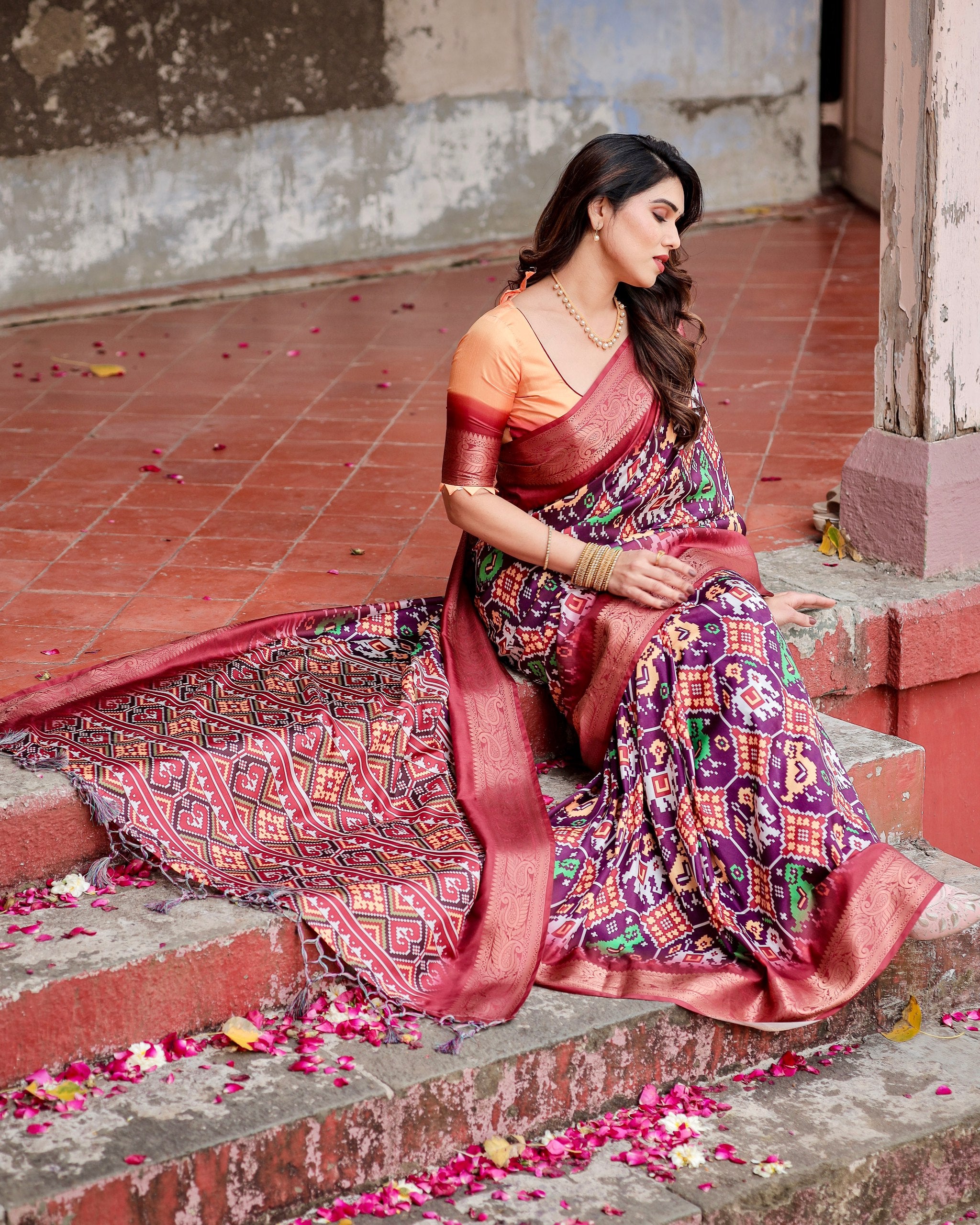 Pure Silk Digital Printed Saree with Brocade Blouse Colorful Saree