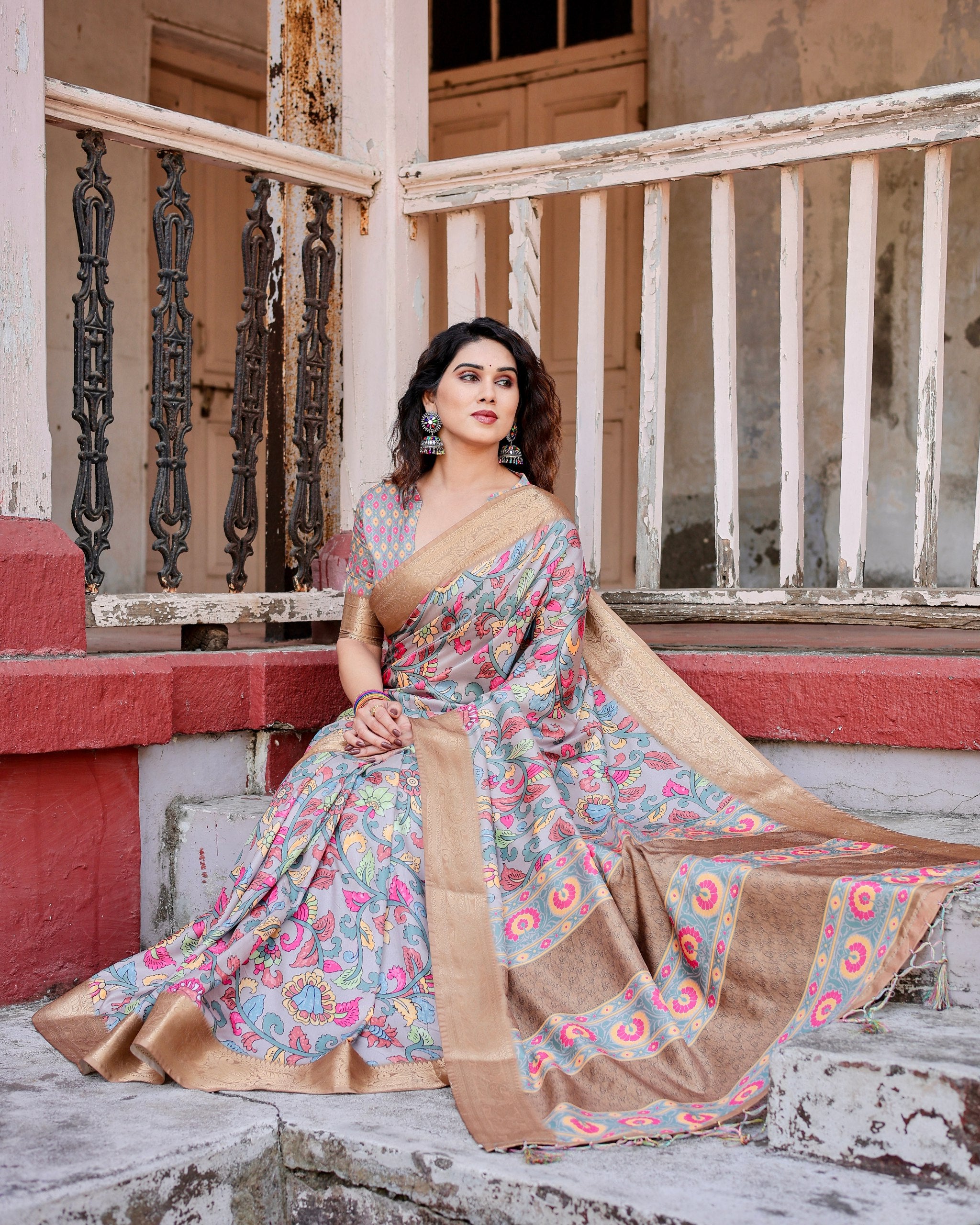 Pure Silk Digital Printed Saree with Brocade Blouse Colorful Saree