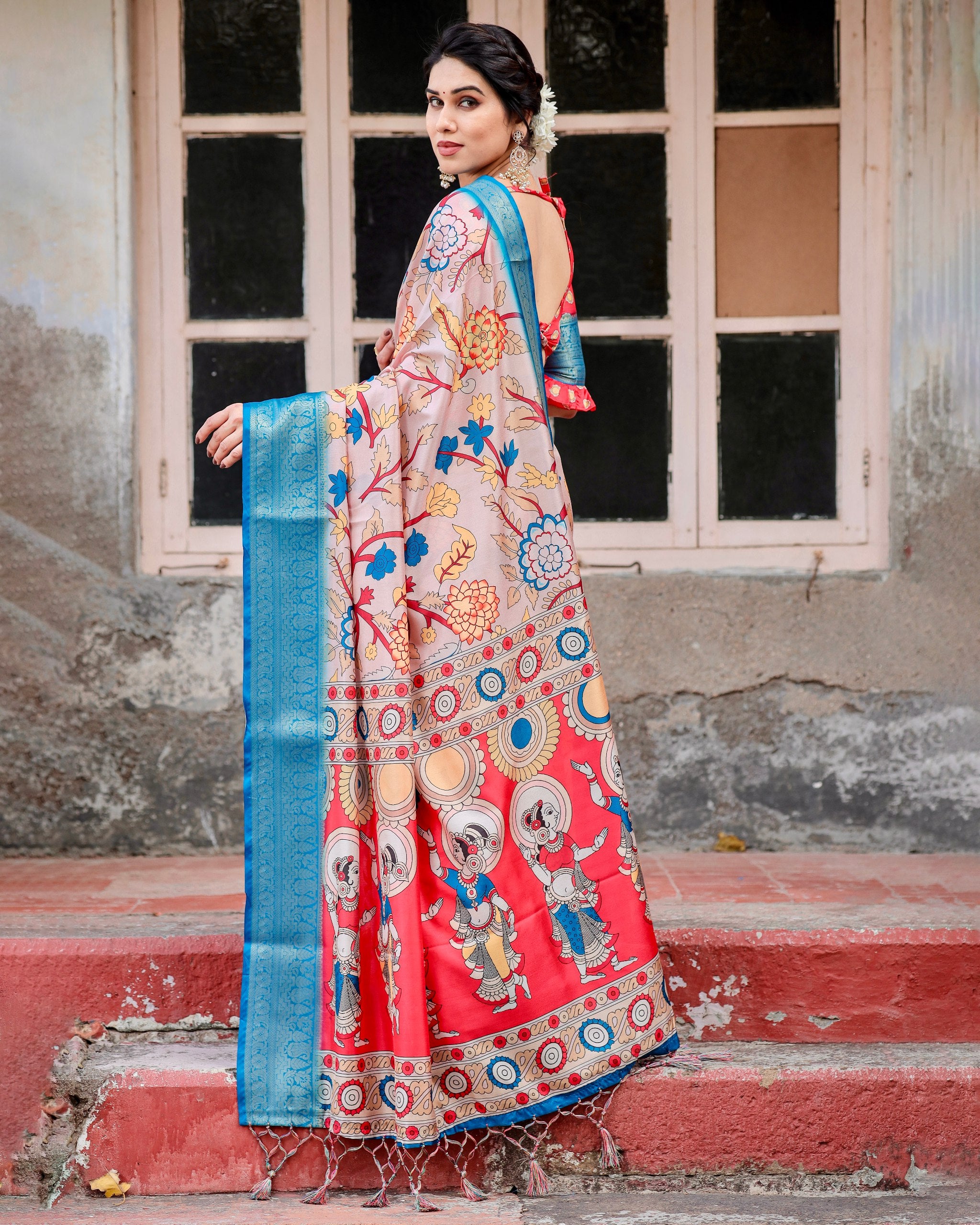 Pure Silk Digital Printed Saree with Brocade Blouse and Enchanting Tassels Colorful Saree