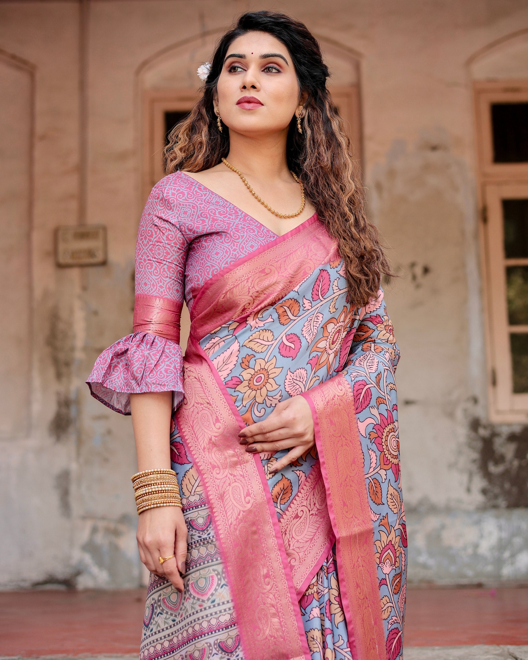 Pure Silk Digital Printed Saree with Brocade Blouse Colorful Saree