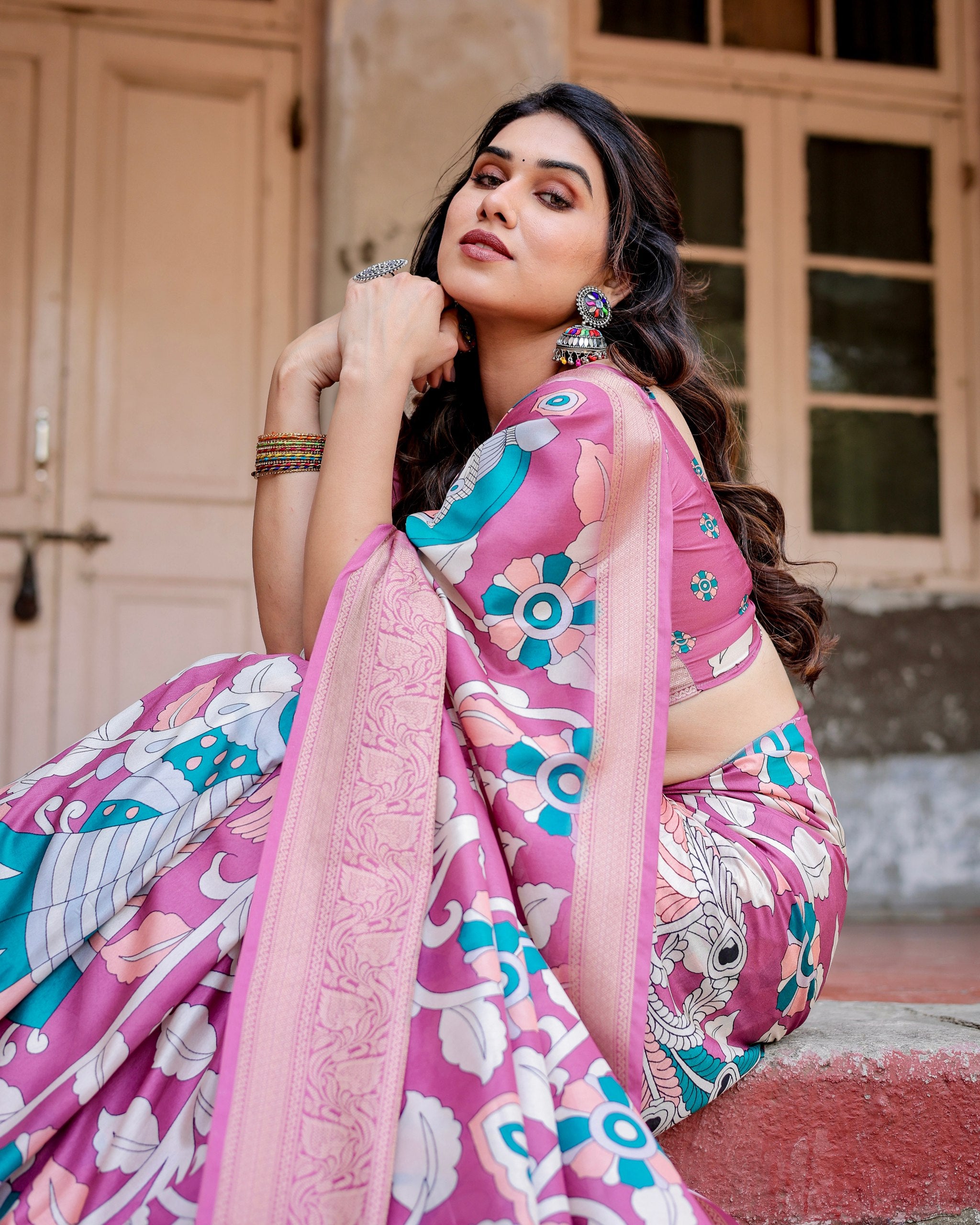 Pure Silk Digital Printed Saree with Brocade Blouse and Enchanting Tassels Colorful Saree