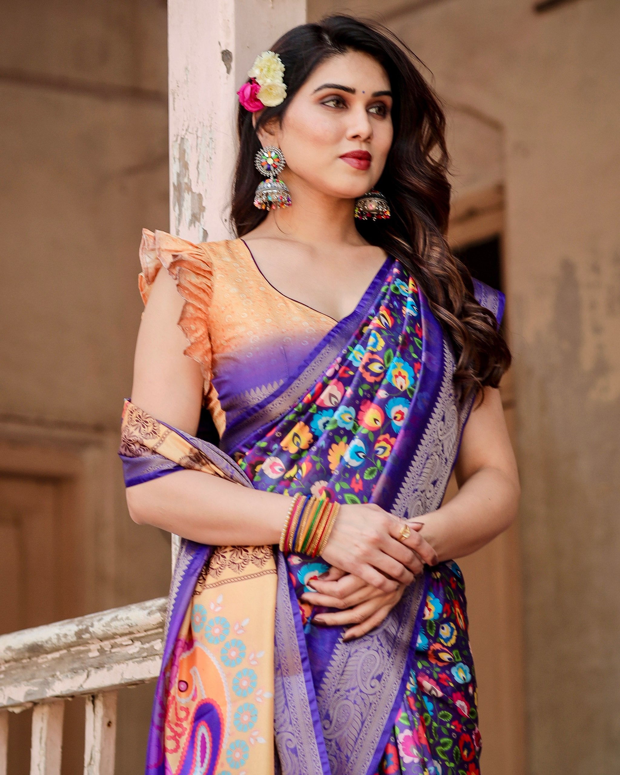 Pure Silk Digital Printed Saree with Brocade Blouse Colorful Saree