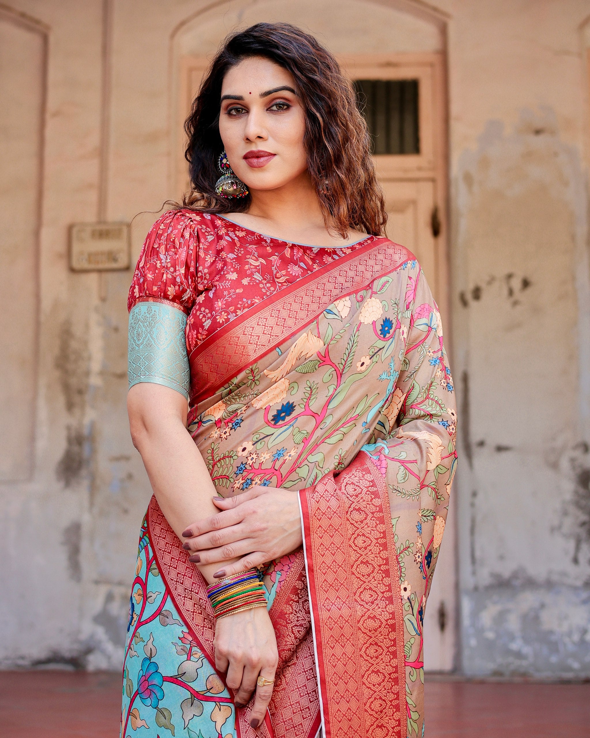 Pure Silk Digital Printed Saree with Brocade Blouse Colorful Saree