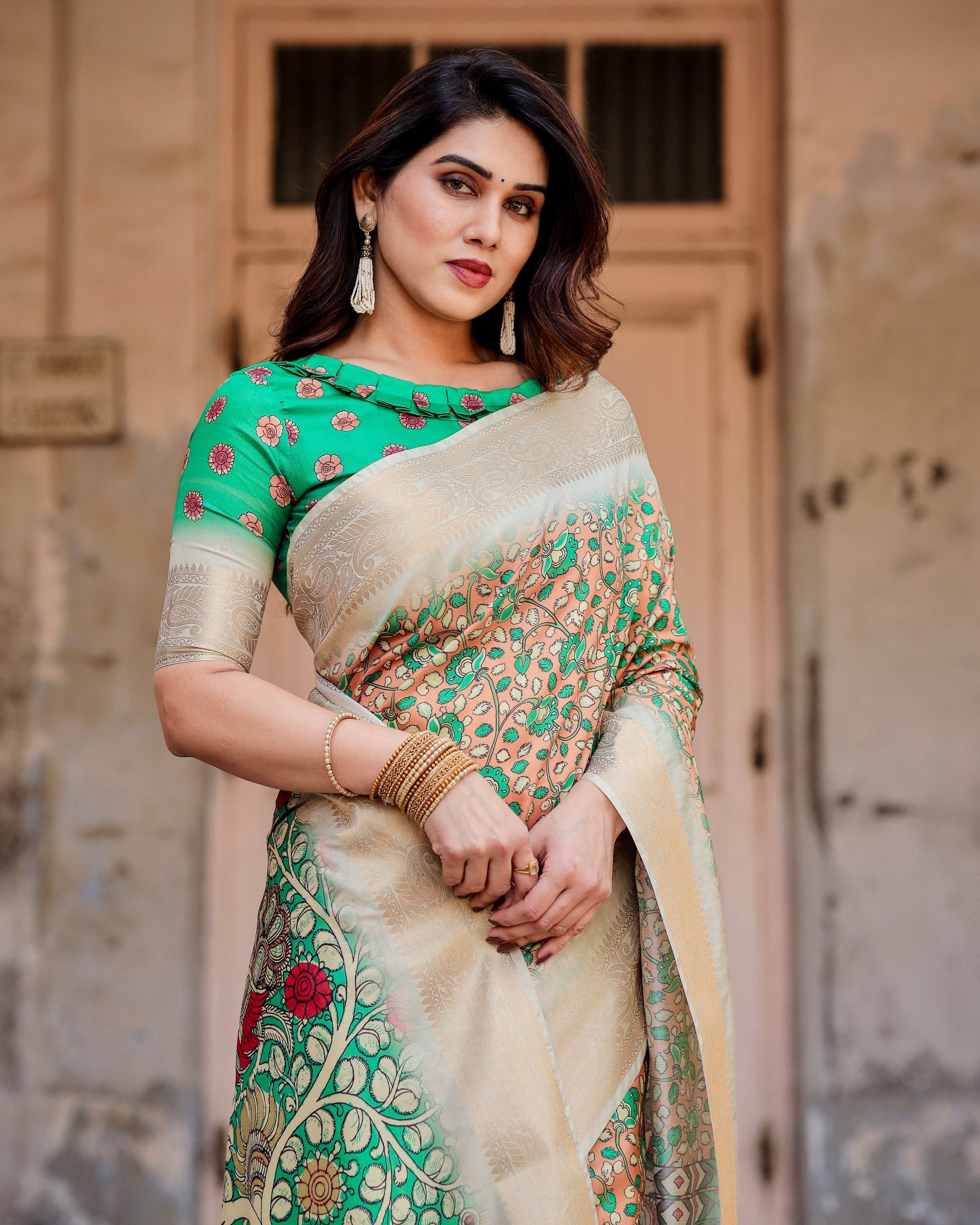 Pure Silk Digital Printed Saree with Brocade Blouse Colorful Saree