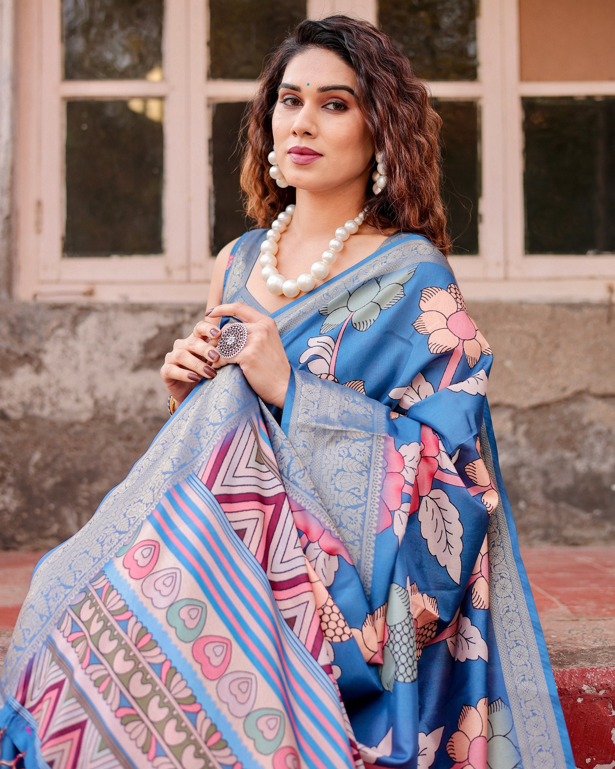 Pure Silk Digital Printed Saree with Brocade Blouse Colorful Saree