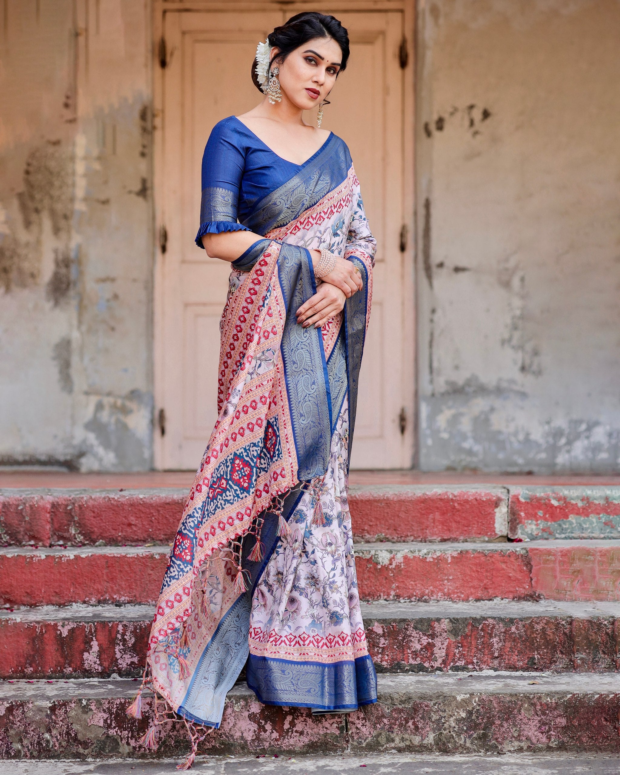 Pure Silk Digital Printed Saree with Brocade Blouse Colorful Saree