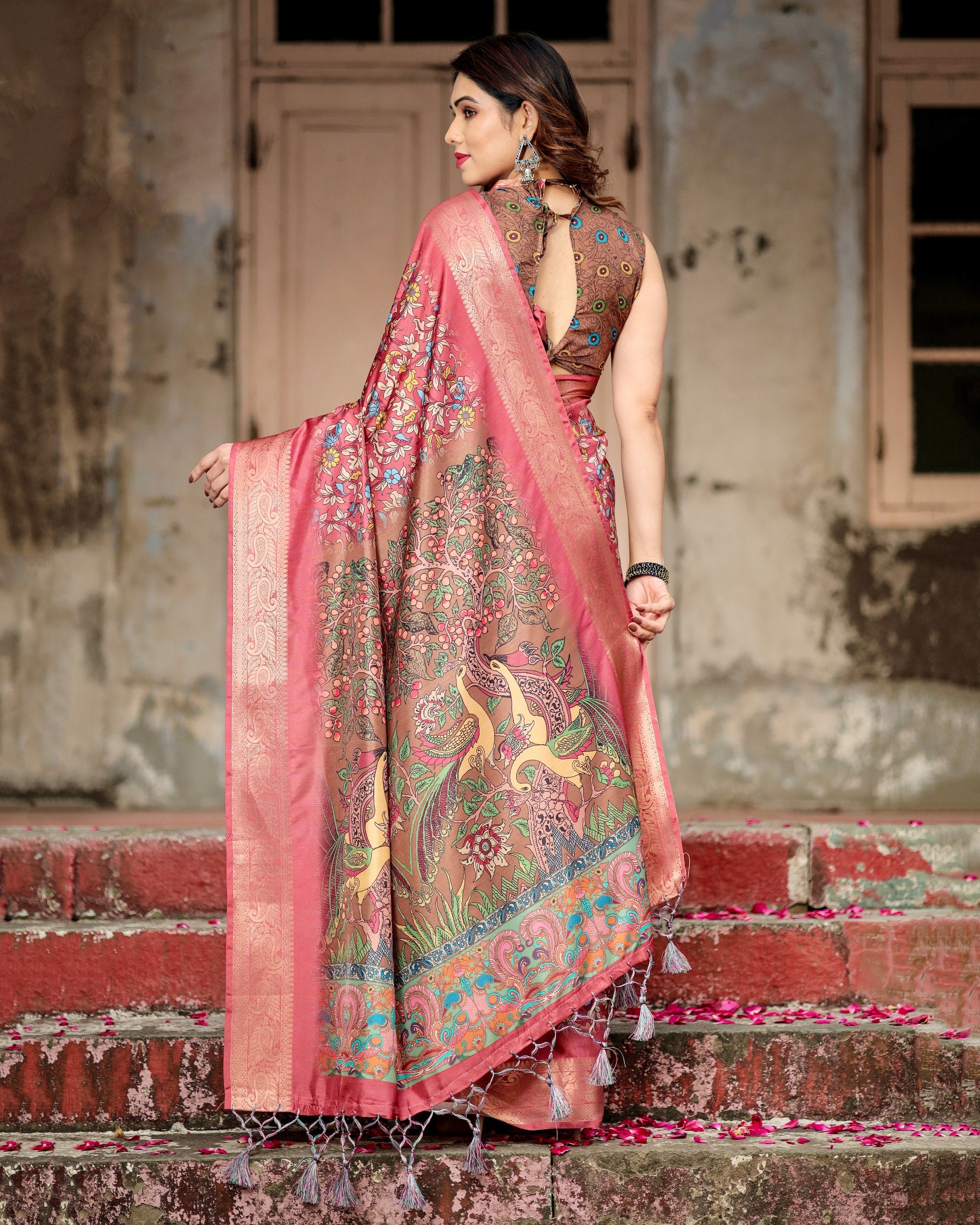 Pure Silk Digital Printed Saree with Brocade Blouse Colorful Saree