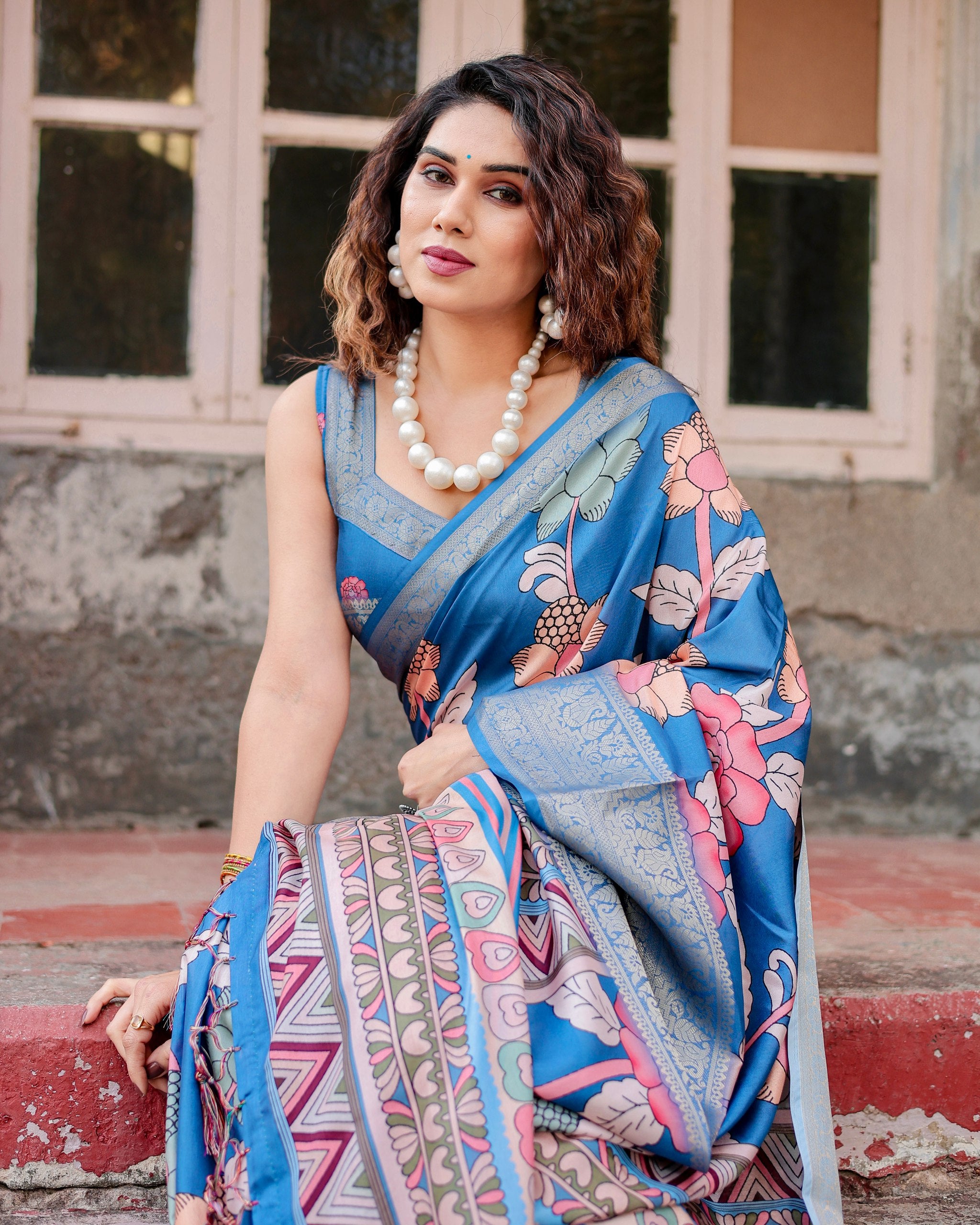 Pure Silk Digital Printed Saree with Brocade Blouse Colorful Saree