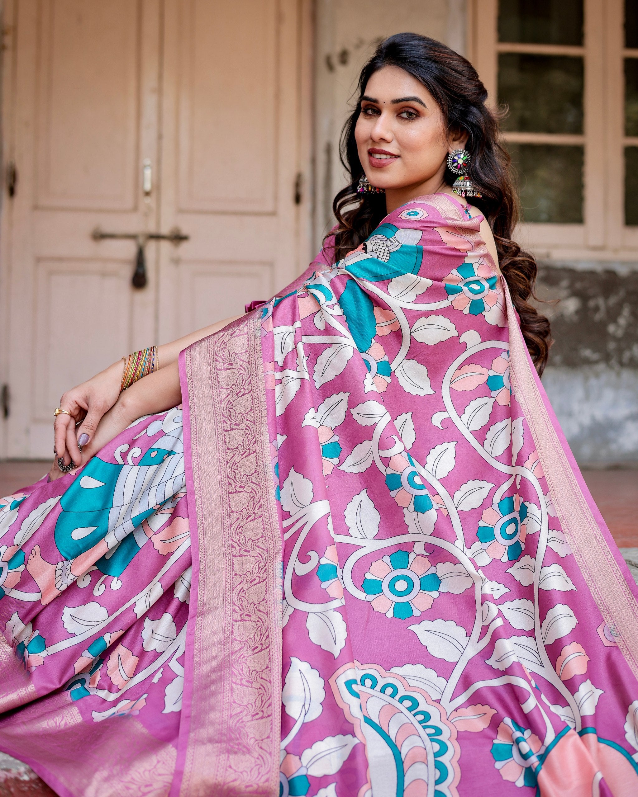 Pure Silk Digital Printed Saree with Brocade Blouse and Enchanting Tassels Colorful Saree