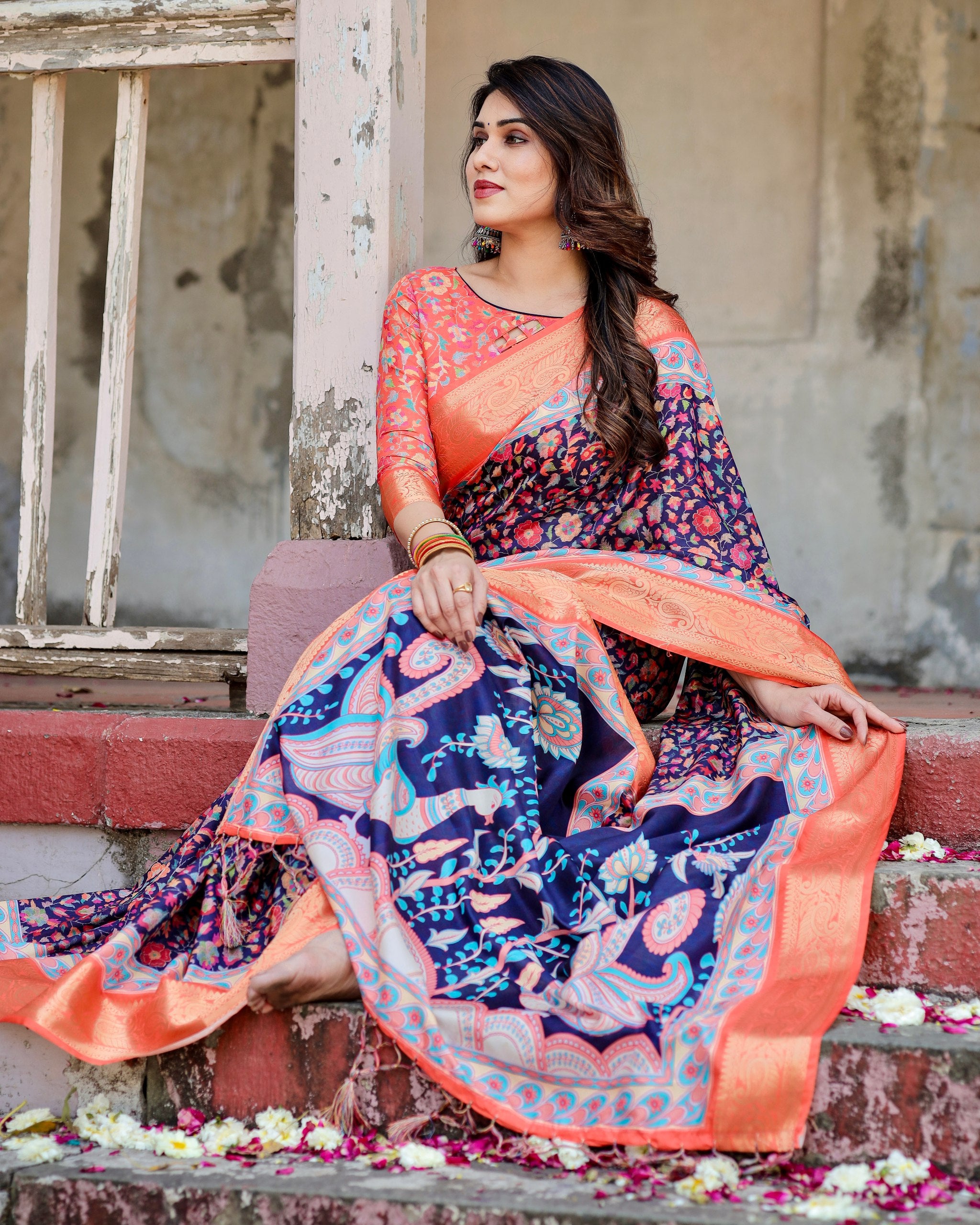 Pure Silk Digital Printed Saree with Brocade Blouse and Enchanting Tassels Colorful Saree