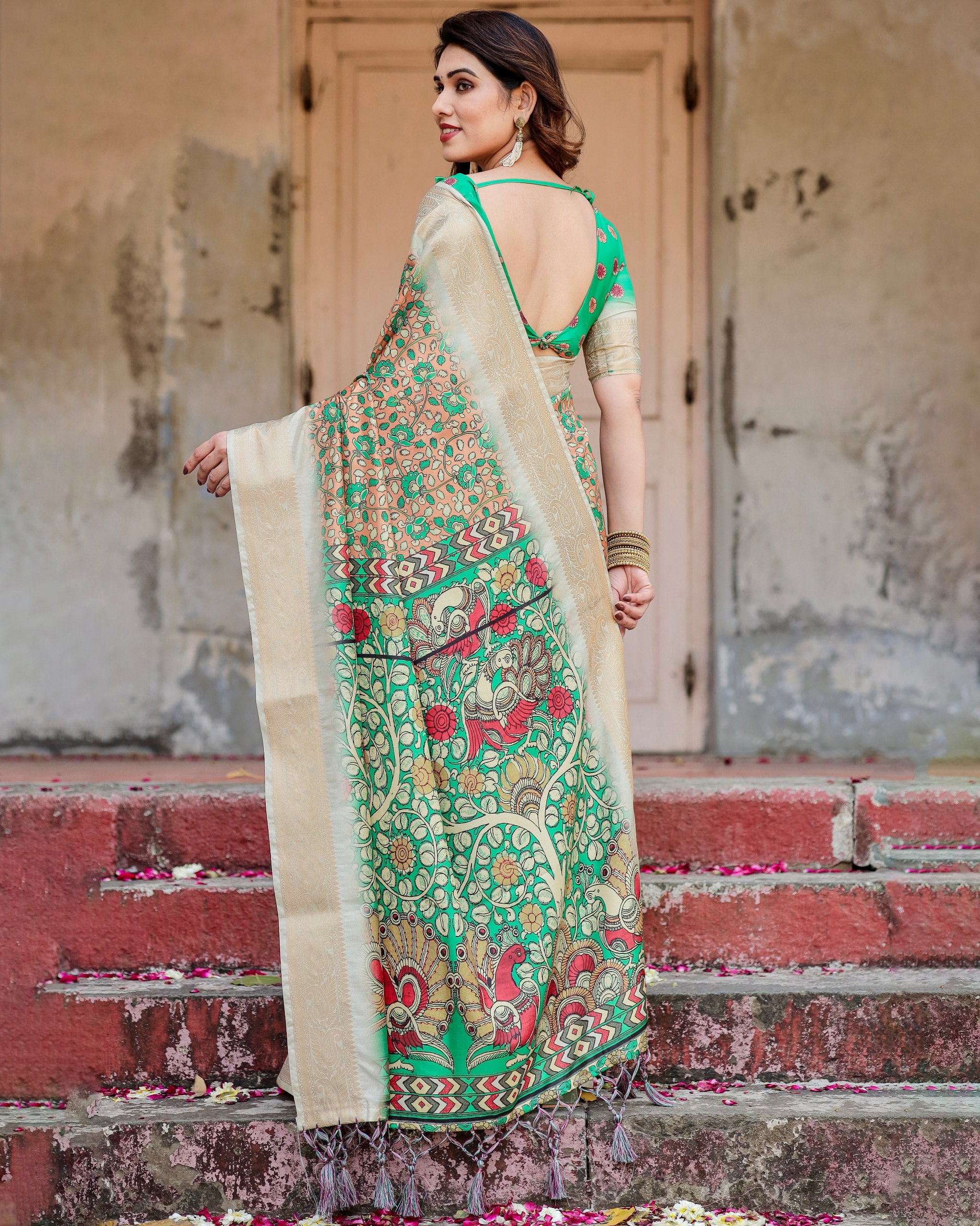 Pure Silk Digital Printed Saree with Brocade Blouse Colorful Saree